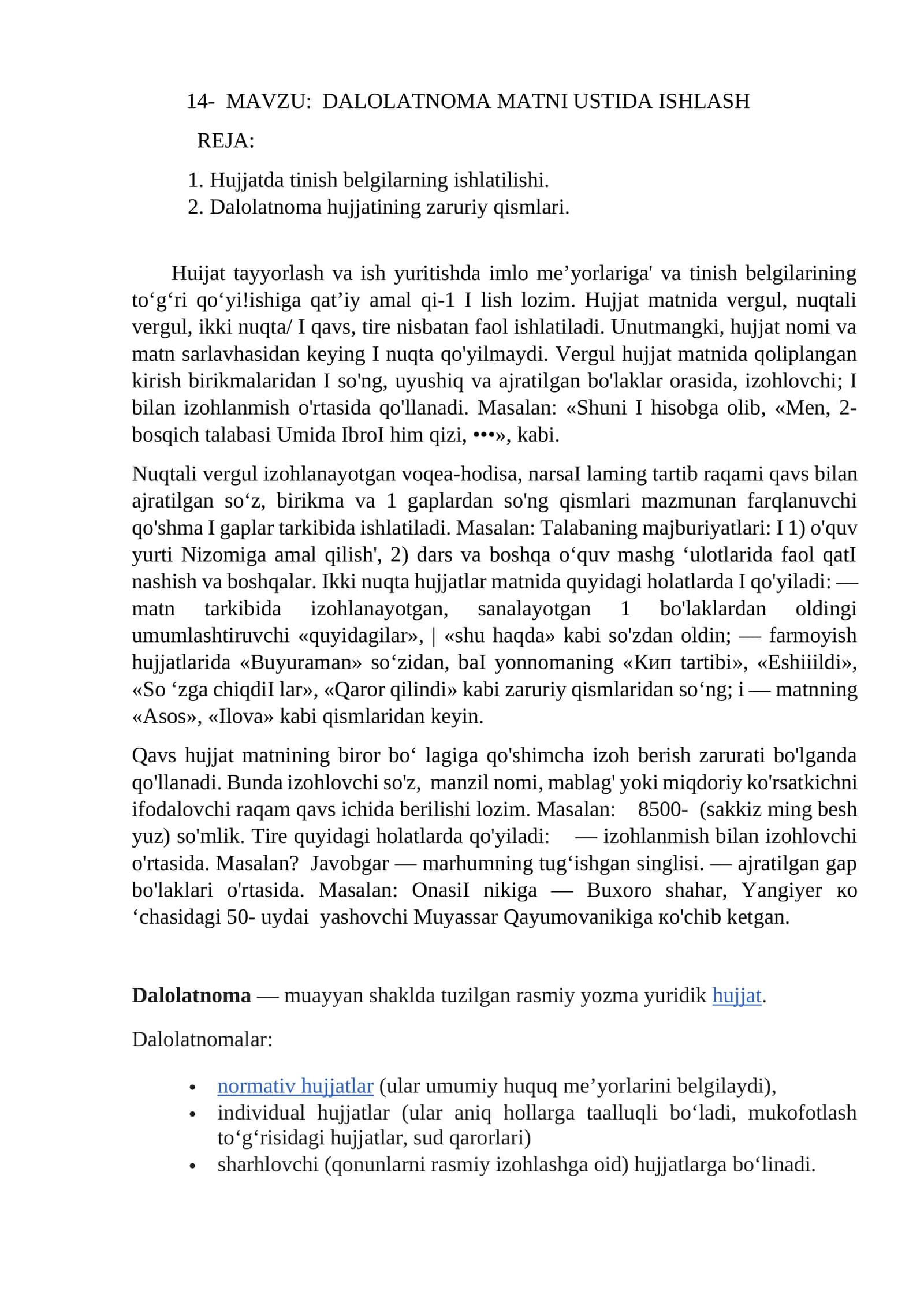 DALOLATNOMA MATNI USTIDA ISHLASH 1