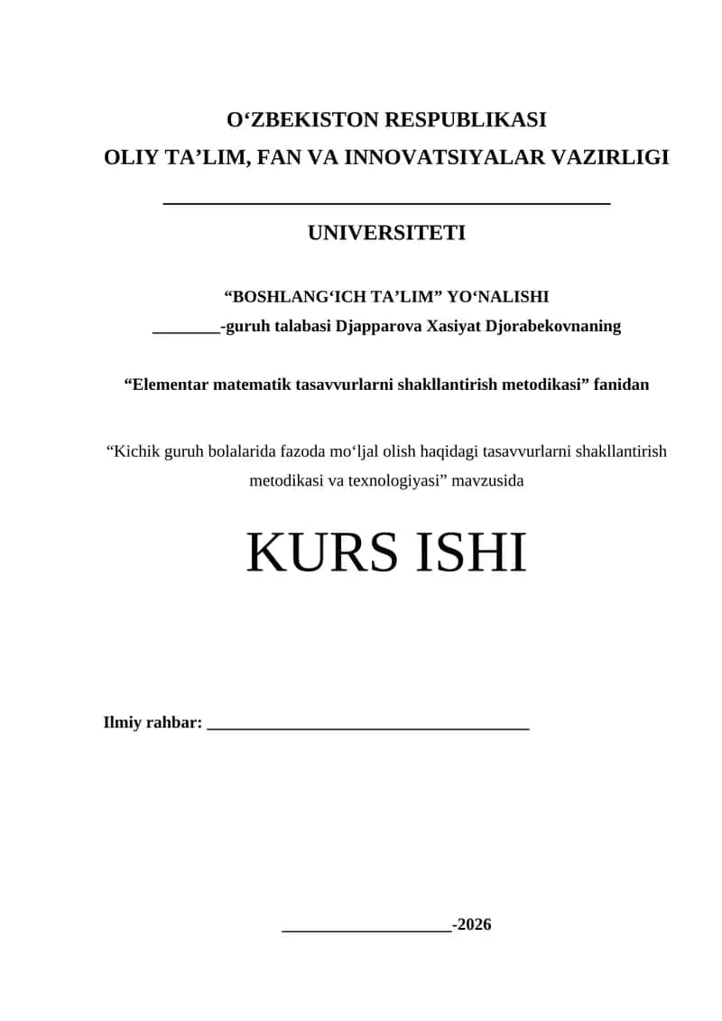 “Elementar matematik tasavvurlarni shakllantirish metodikasi” fanidan 1