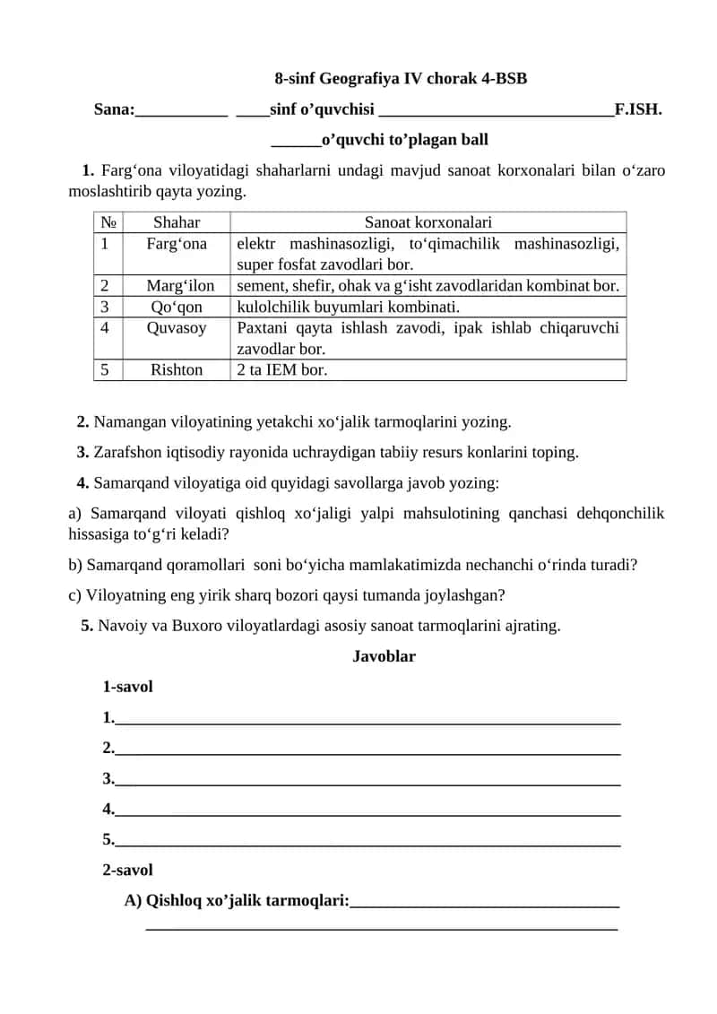 8-sinf Geografiya IV chorak 4-BSB 1