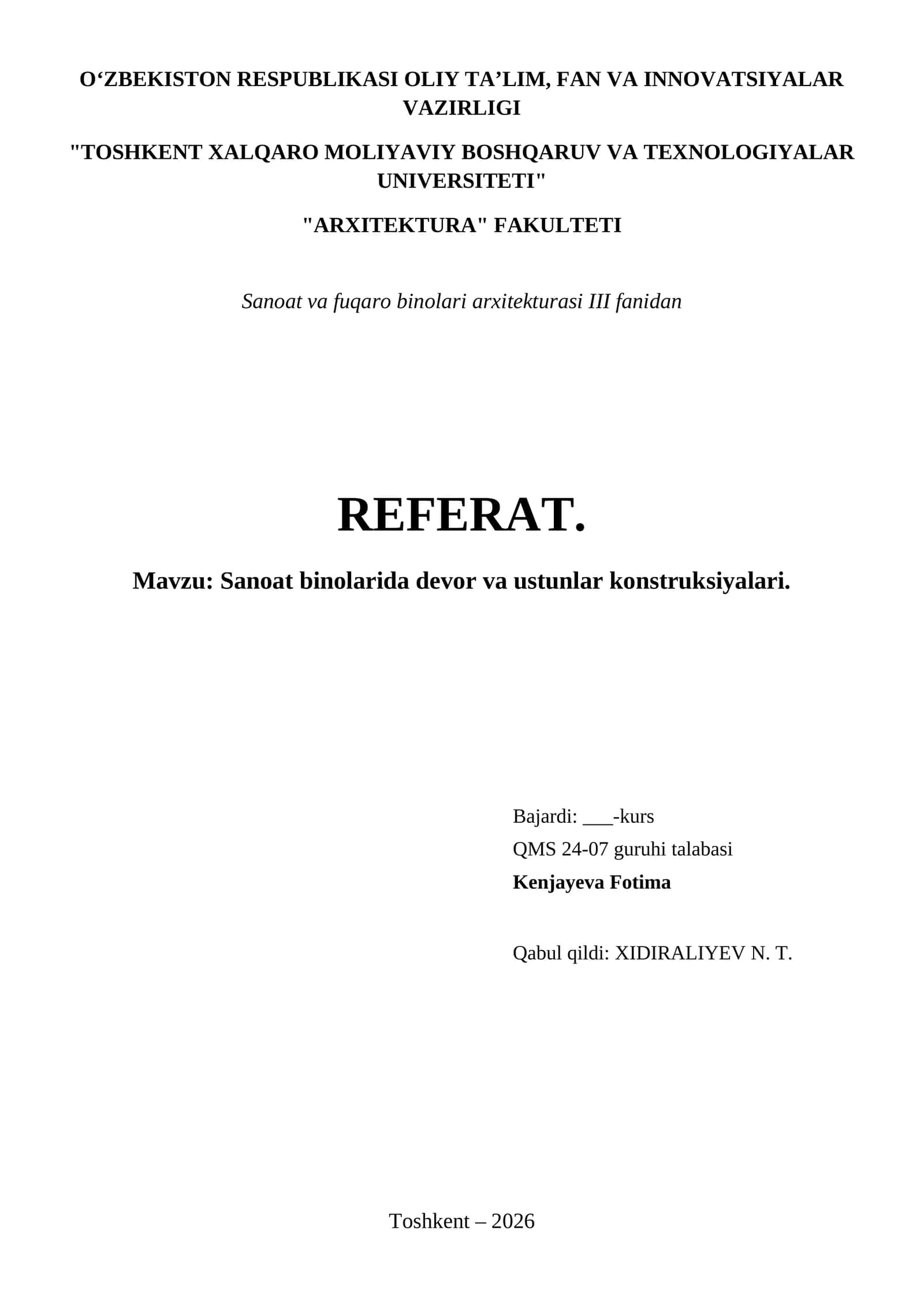 Sanoat binolarida devor va ustunlar konstruksiyalari. 1