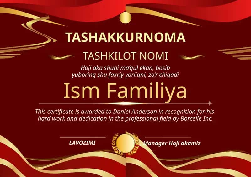 Tashakkurnoma shablon tayyori andoza 1