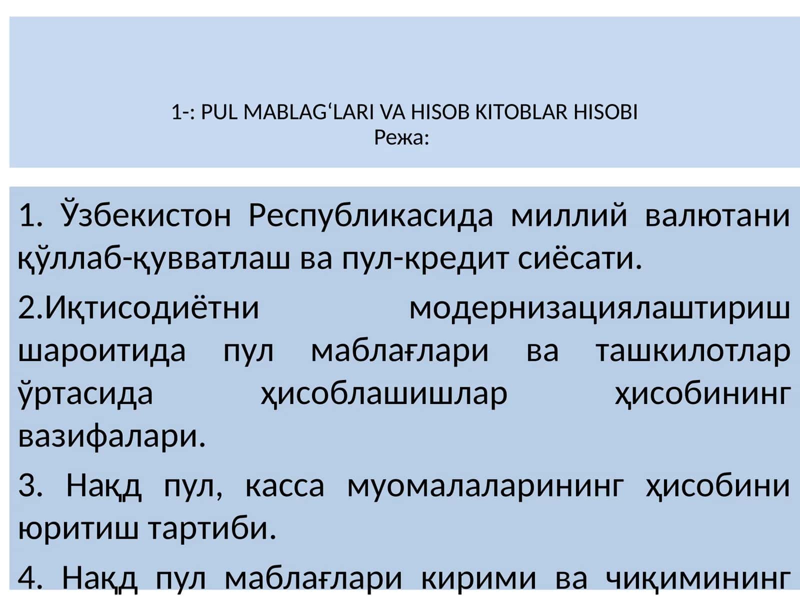 PUL MABLAG‘LARI VA HISOB KITOBLAR HISOBI 1