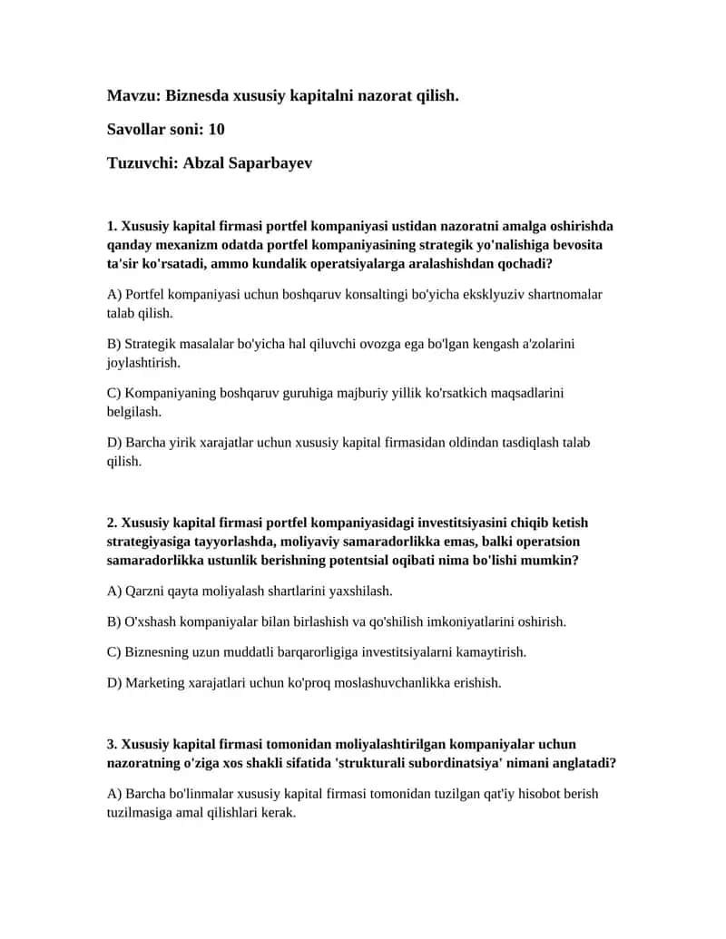 Biznesda xususiy kapitalni nazorat qilish 1