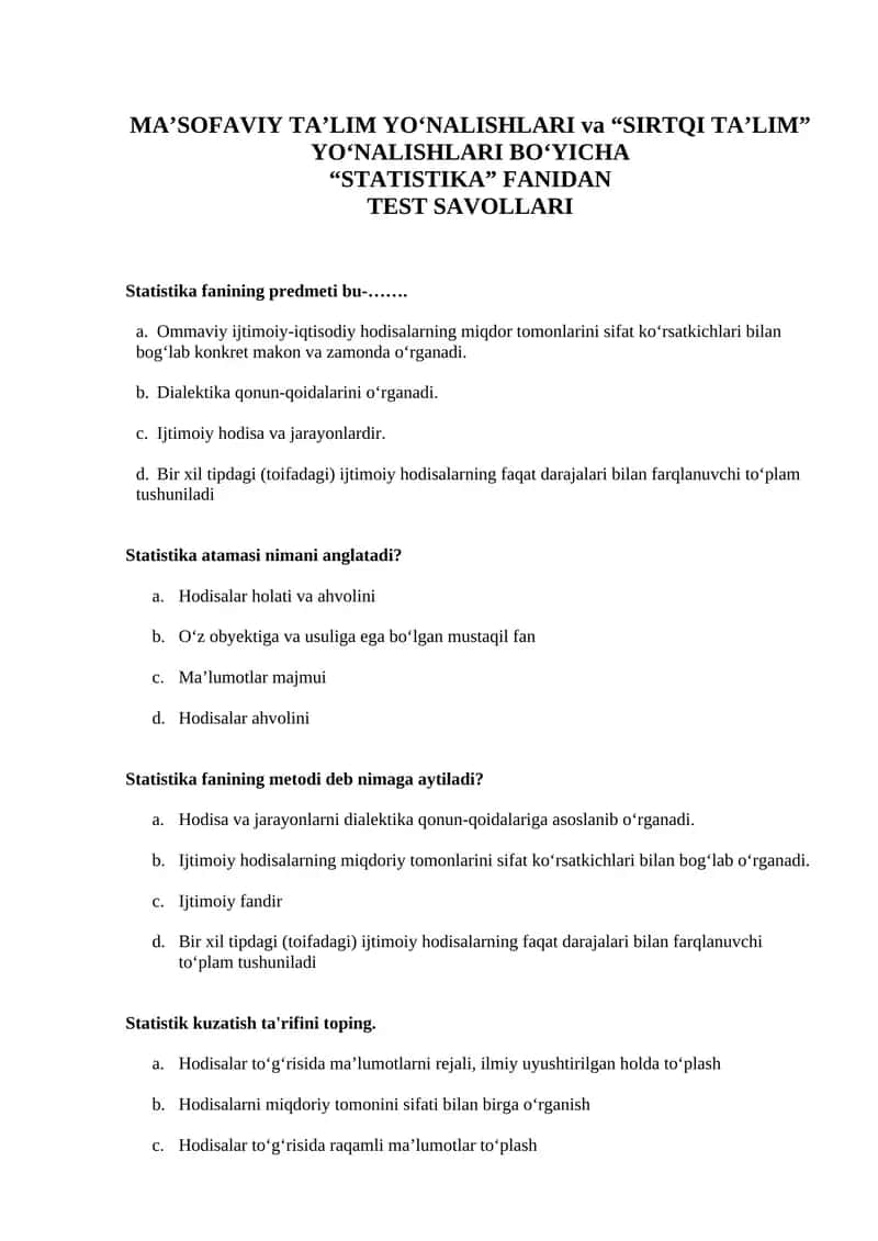 Statistika Test Savollari 1