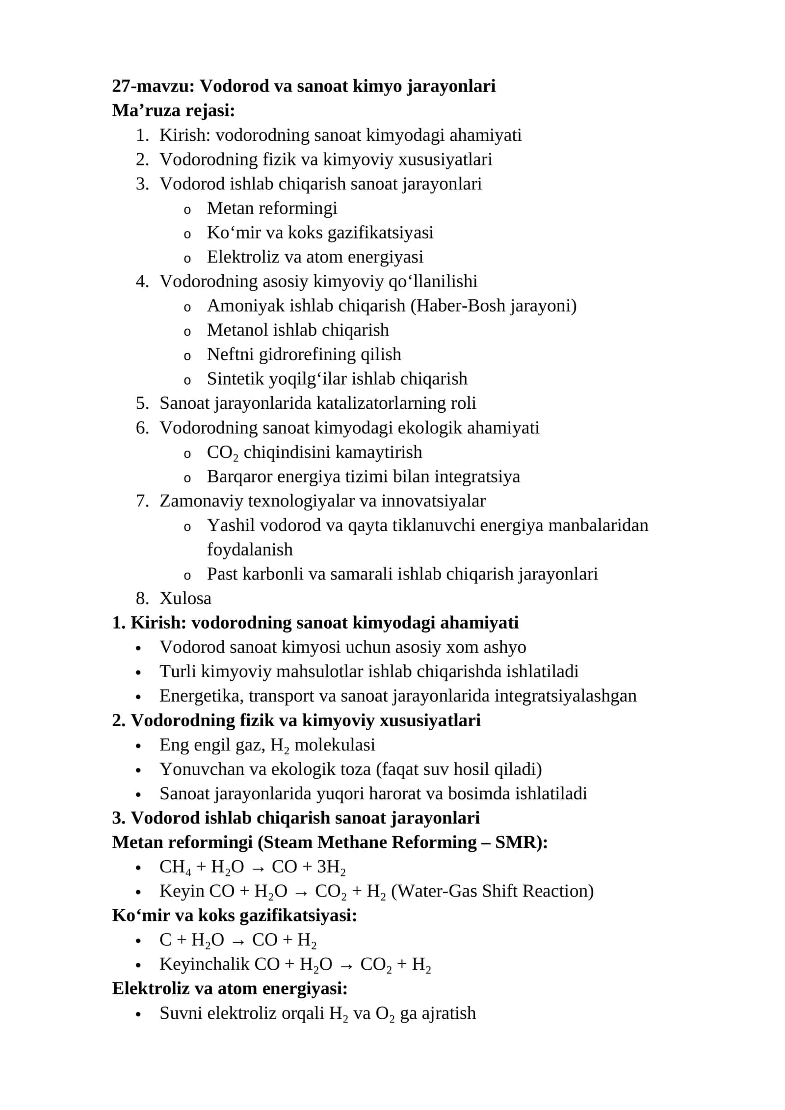 Vodorod va sanoat kimyo jarayonlari 1