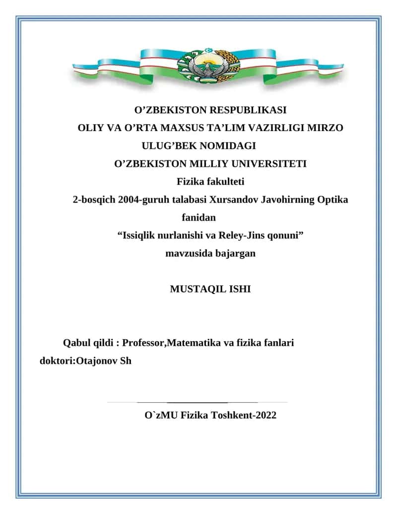 Issiqlik nurlanishi va Reley-Jins qonuni 1