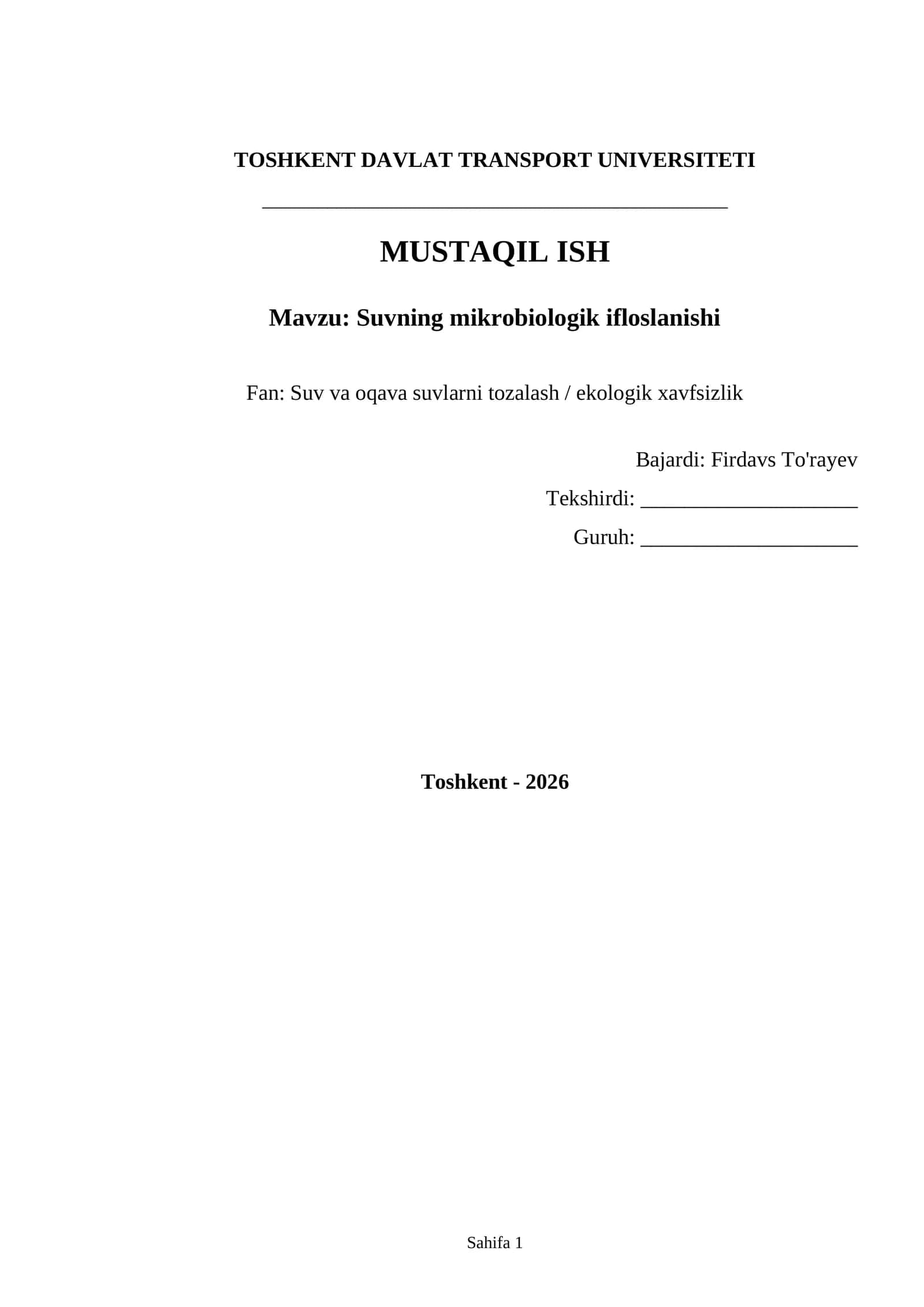 Suvning mikrobiologik ifloslanishi 1