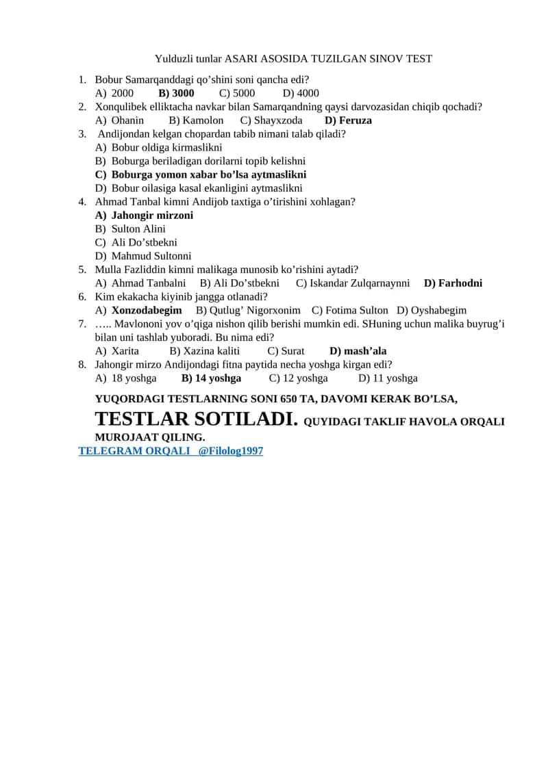 Yulduzli tunlar ASARI ASOSIDA TUZILGAN SINOV TEST 1