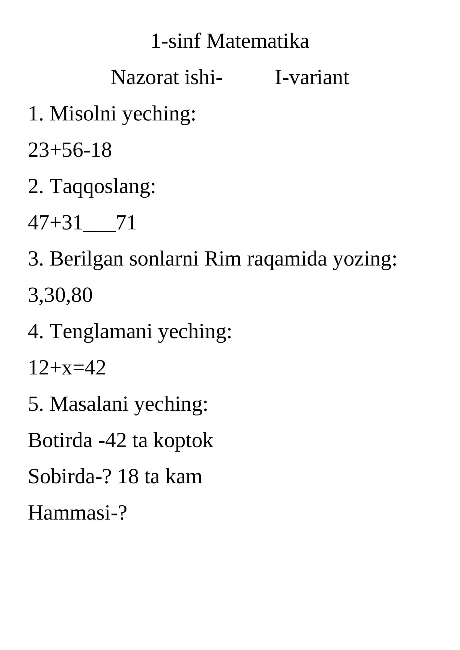 1-sinf Matematika Nazorat ishi 1