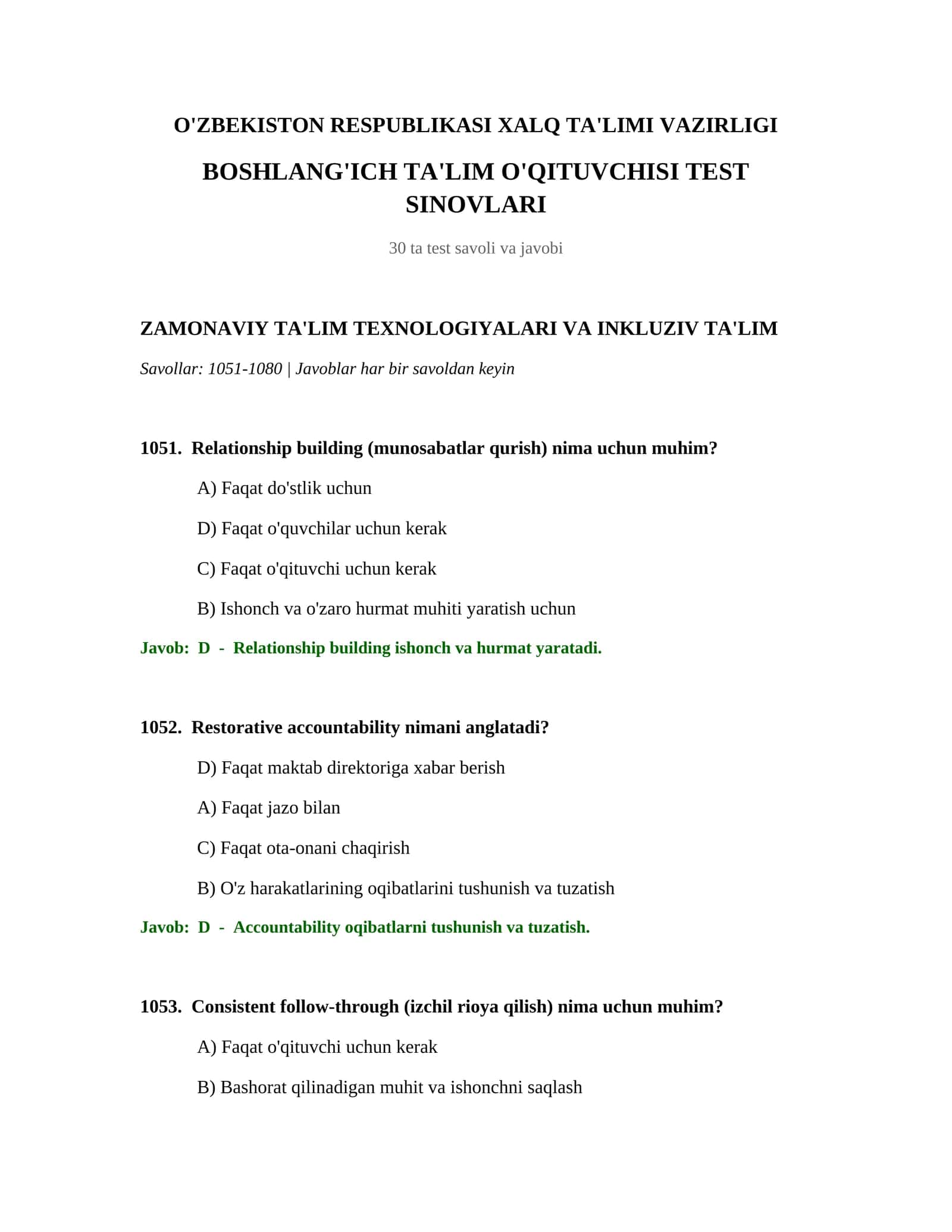 BOSHLANG'ICH TA'LIM O'QITUVCHISI TEST SINOVLARI 1
