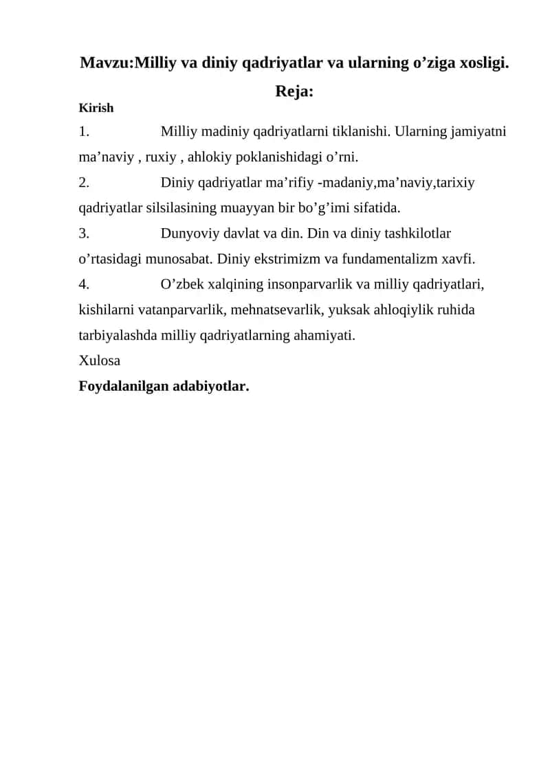 Milliy va diniy qadriyatlar va ularning o’ziga xosligi 1