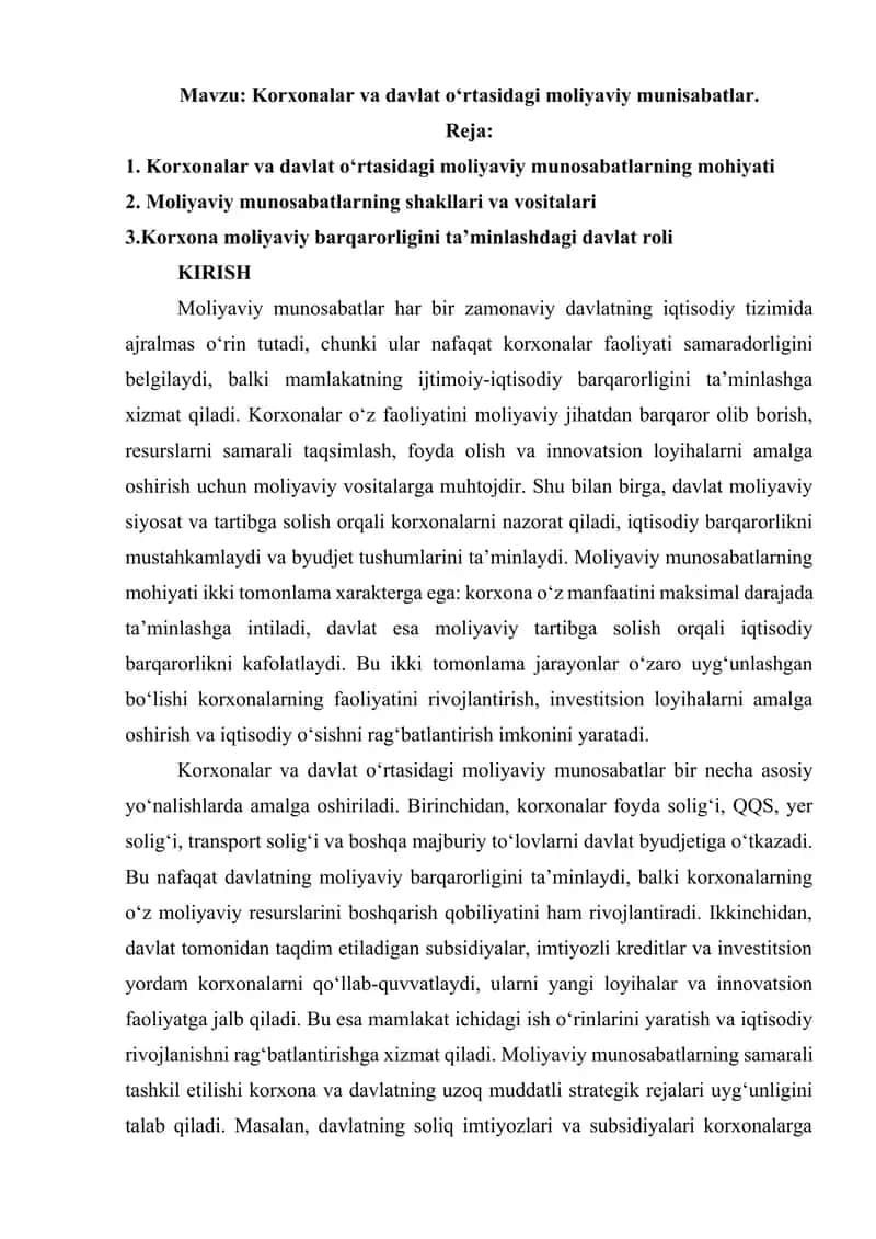 Korxonalar va davlat oʻrtasidagi moliyaviy munisabatlar. 1