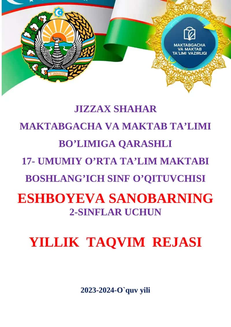 2-SINFLAR UCHUN YILLIK TAQVIM REJASI 1