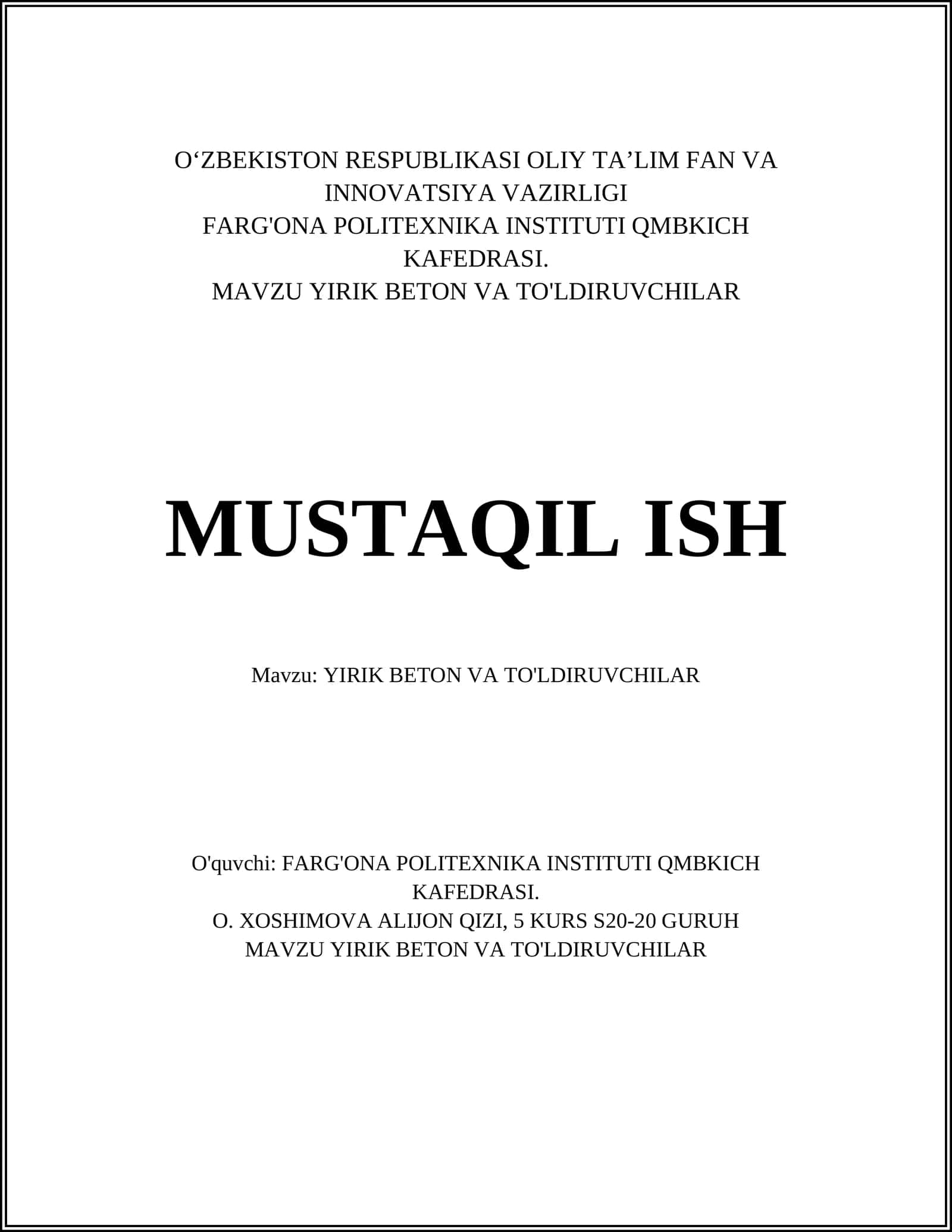 Yirik Beton va To'ldiruvchilar 1
