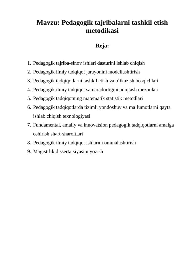Pedagogik tajribalarni tashkil etish metodikasi 1