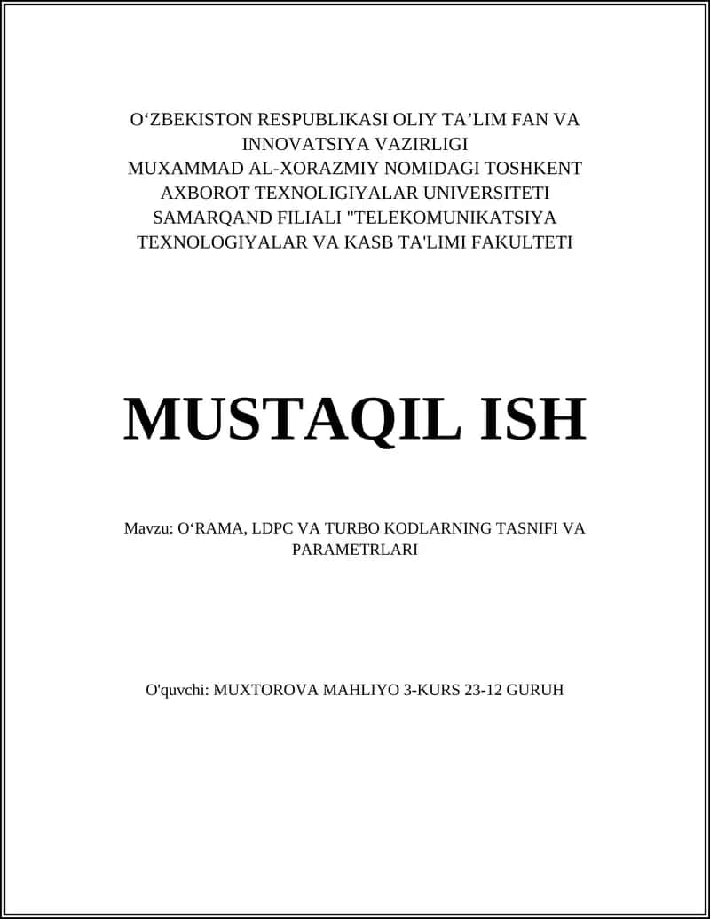 O‘rama (konvolyutsion) kodlarning tasnifi 1
