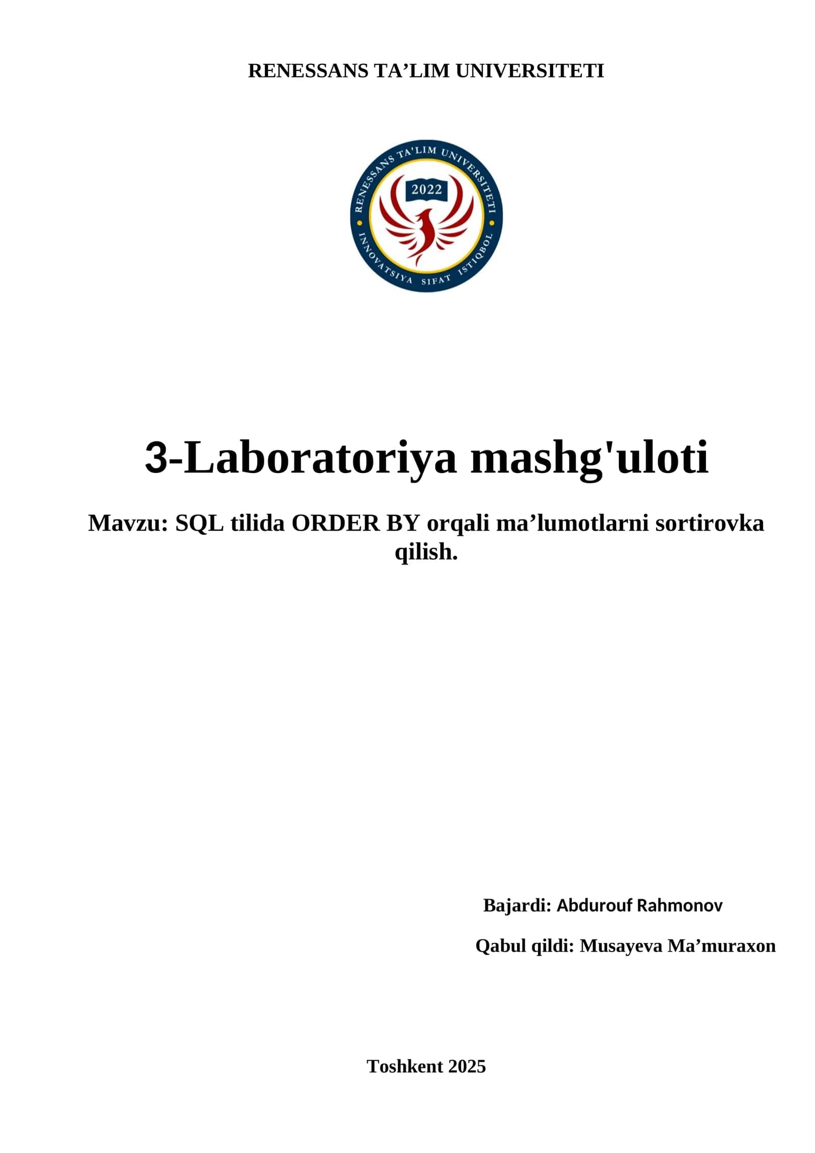 SQL tilida ORDER BY orqali ma’lumotlarni sortirovka qilish 1