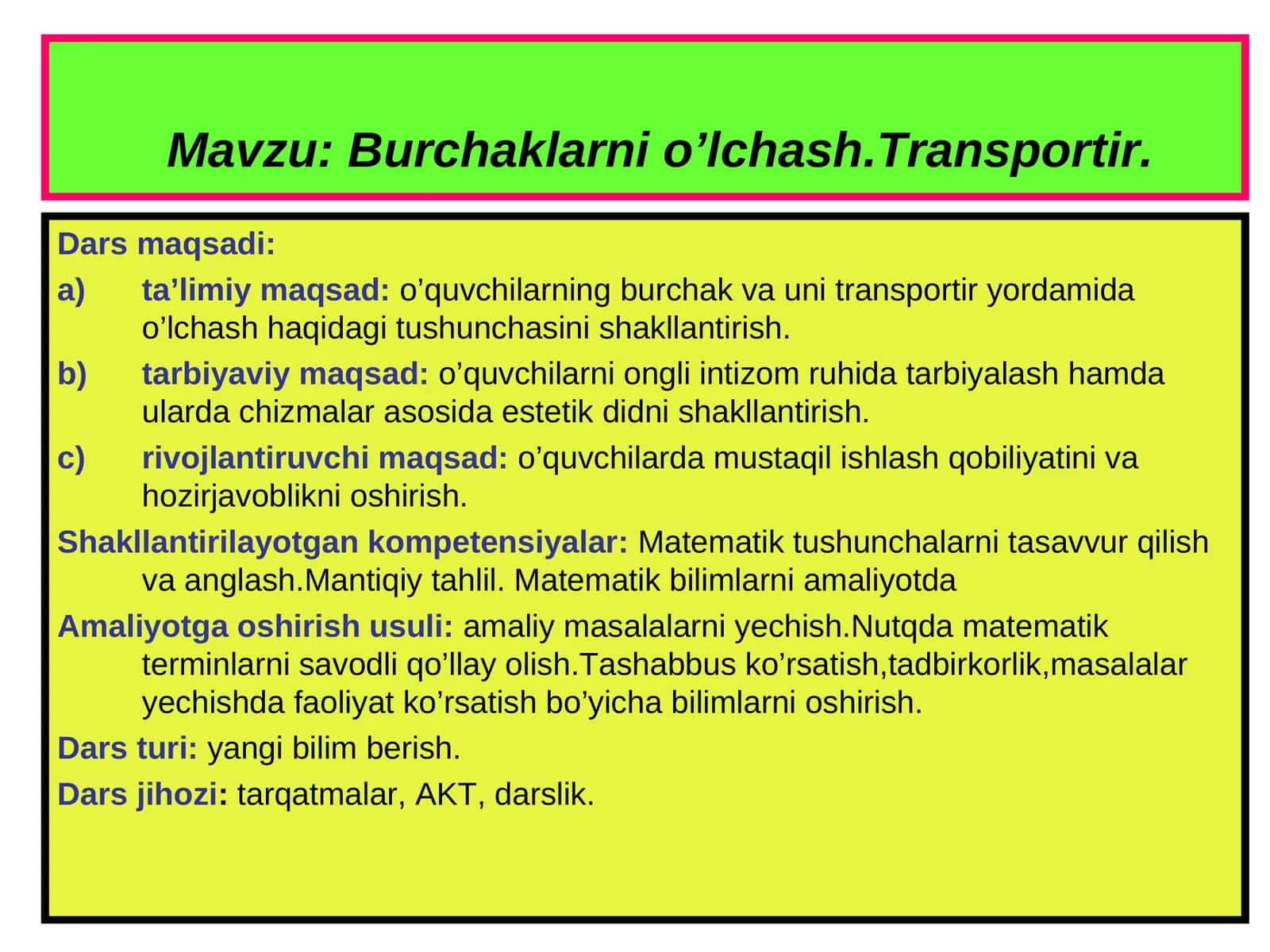 Burchaklarni o’lchash.Transportir 1