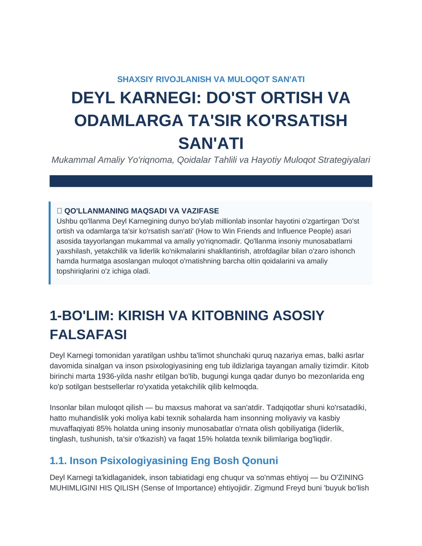 Deyl Karnegining kitobi asosida Do'st ortirish va odamlarga ta'sir qilish bo'yicha kichik qo'llanma 1