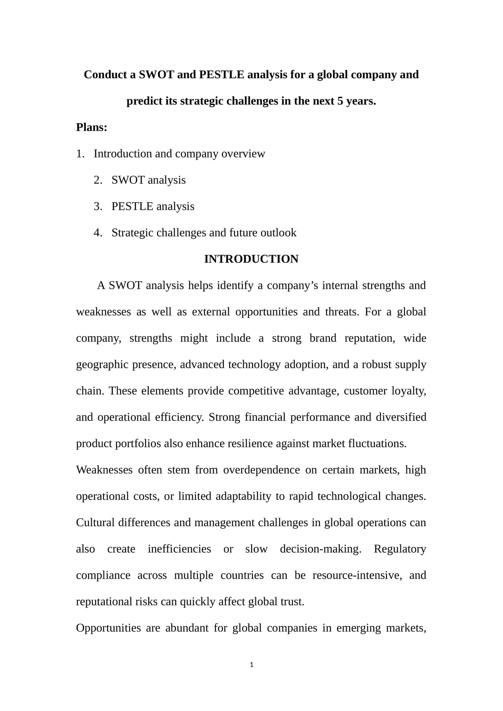 SWOT and PESTLE Analysis for Global Company 1