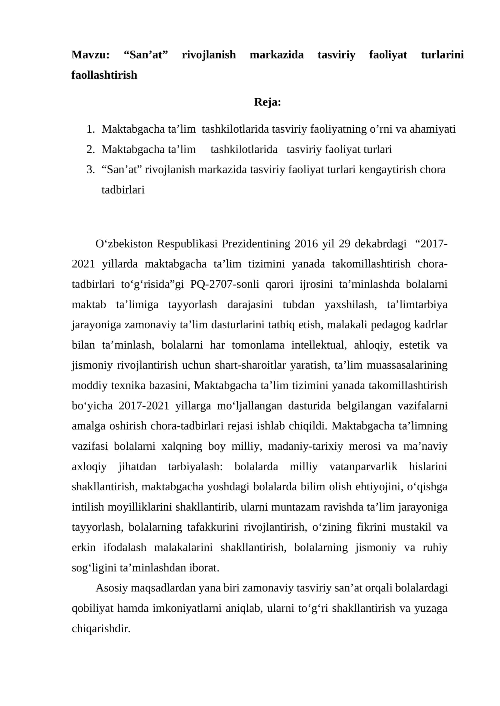 "San’at" rivojlanish markazida tasviriy faoliyat turlarini faollashtirish 1