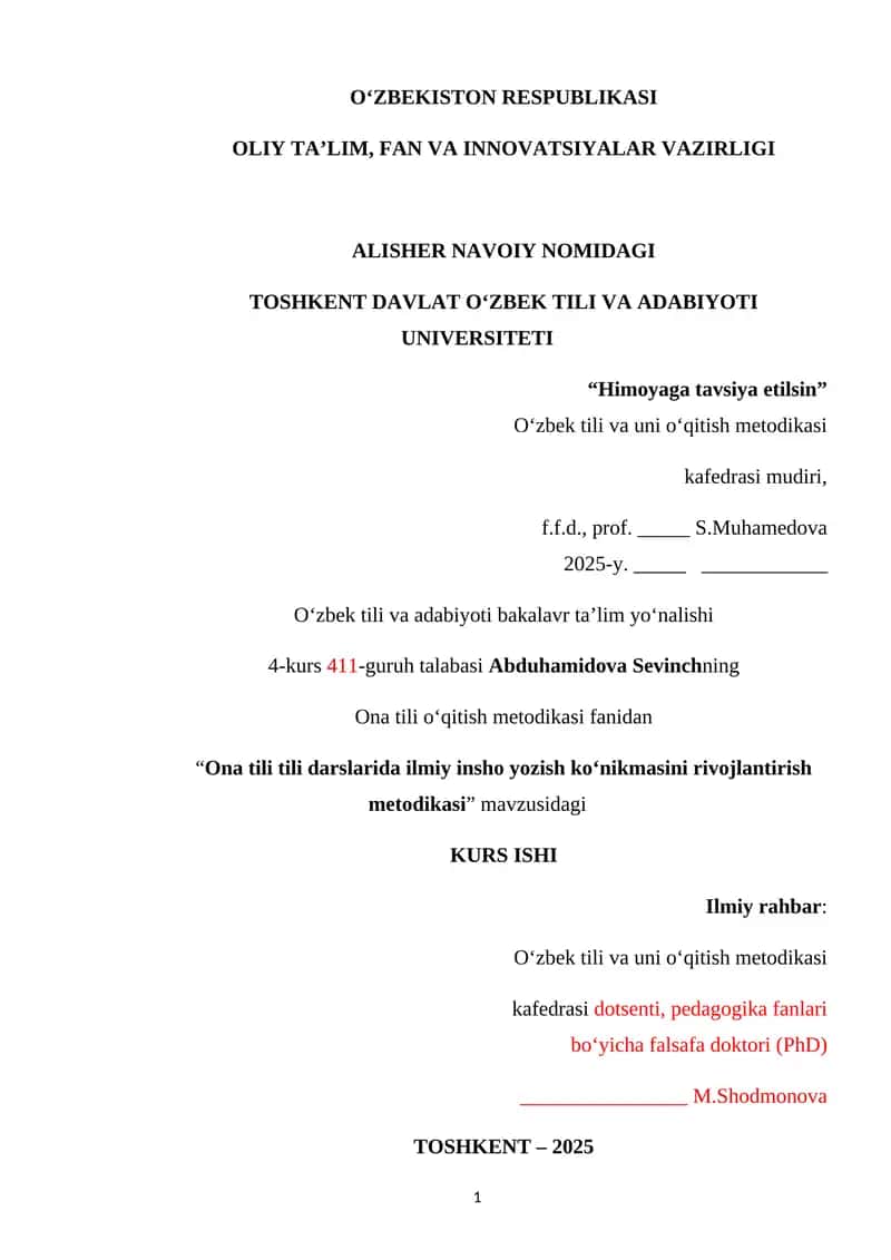 "Ona tili tili darslarida ilmiy insho yozish koʻnikmasini rivojlantirish metodikasi" 1