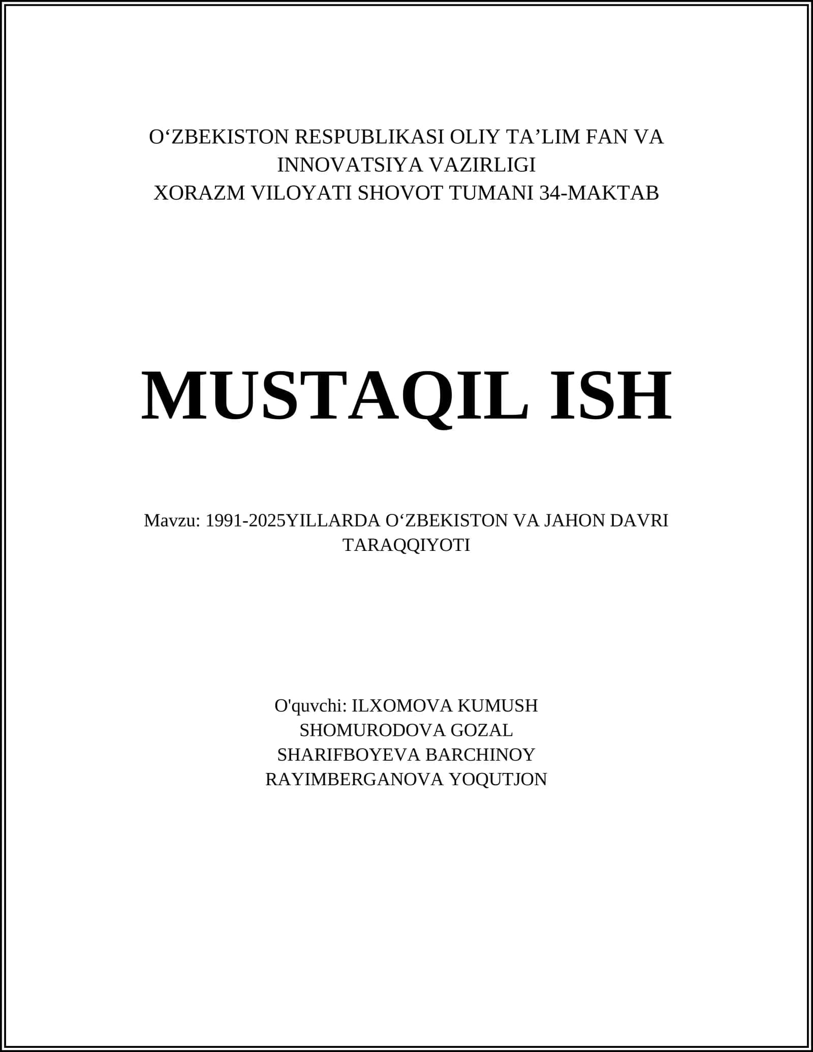 1991-2025 YILLARDA OʻZBEKISTON VA JAHON DAVRI TARAQQIYOTI 1