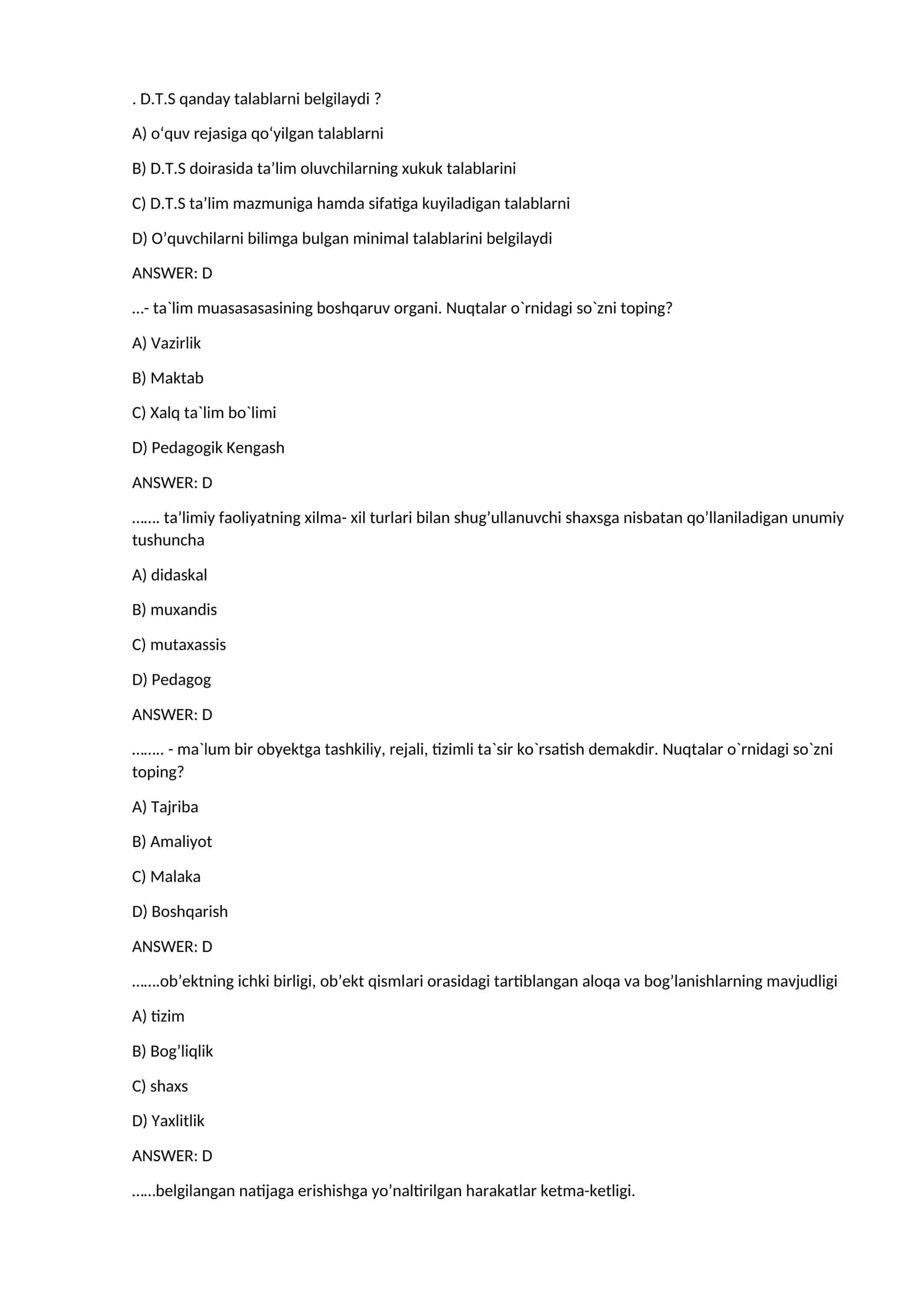 PedaGOGIK maxorat fanidan test savollari 1