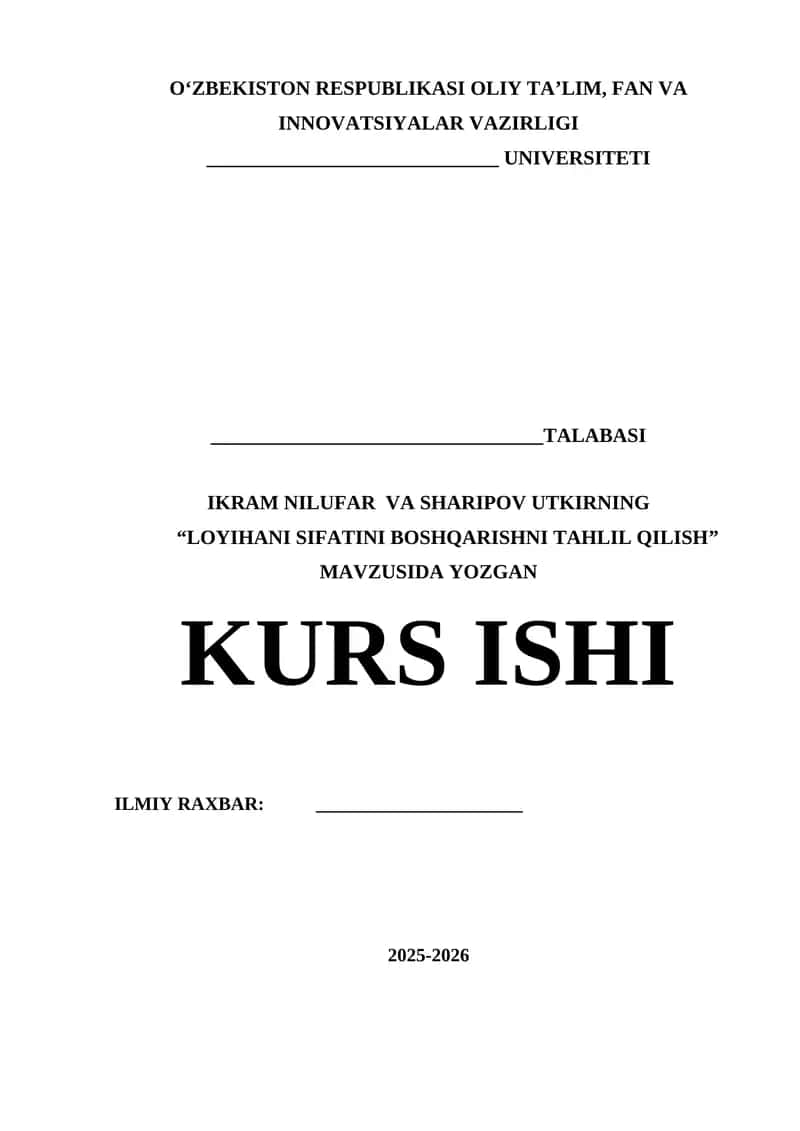 LOYIHANI SIFATINI BOSHQARISHNI TAHLIL QILISH 1