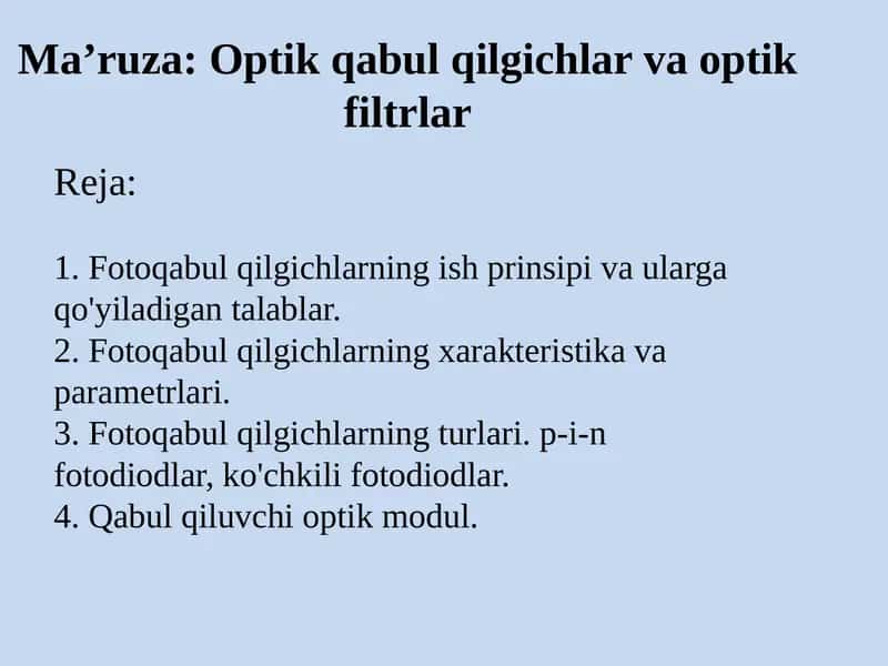 Optik qabul qilgichlar va optik filtrlar 1