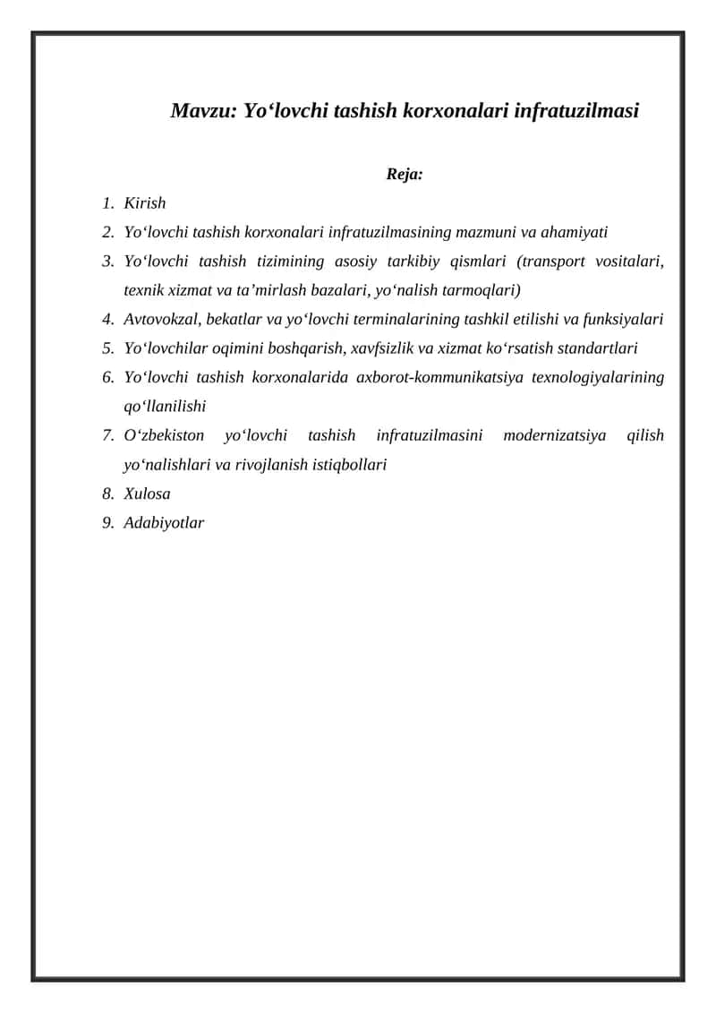 Yo‘lovchi tashish korxonalari infratuzilmasi 1