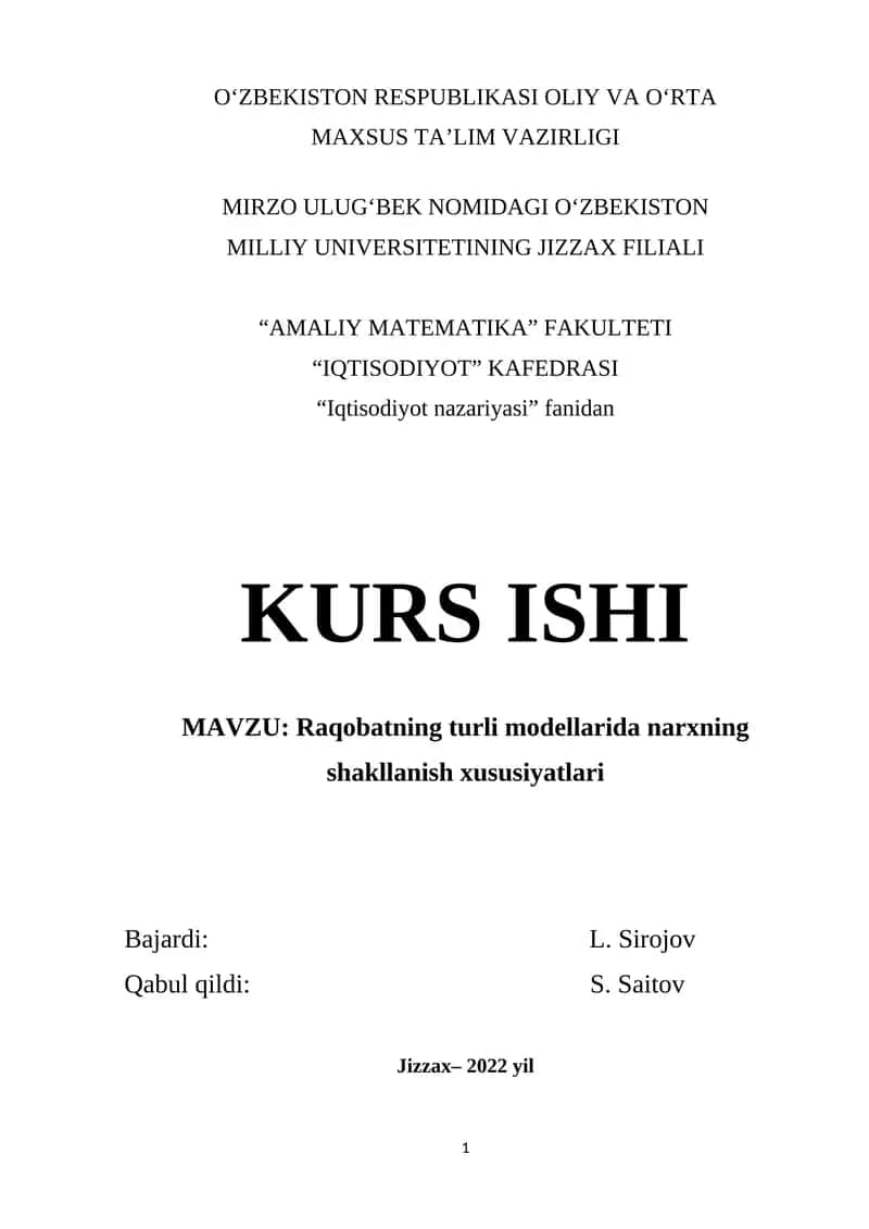 Raqobatning turli modellarida narxning shakllanish xususiyatlari 1