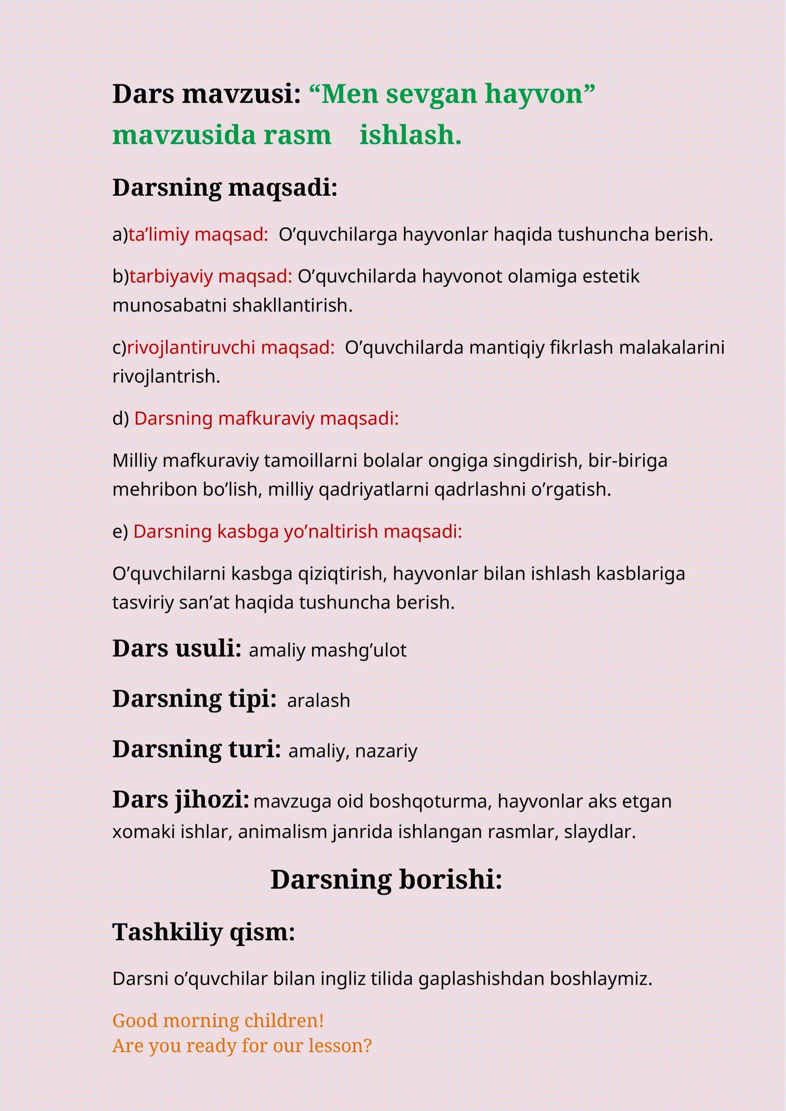 5-sinf Tasviriy san'at Men sevgan hayvon rasmini ishlash dars ishlanma 1