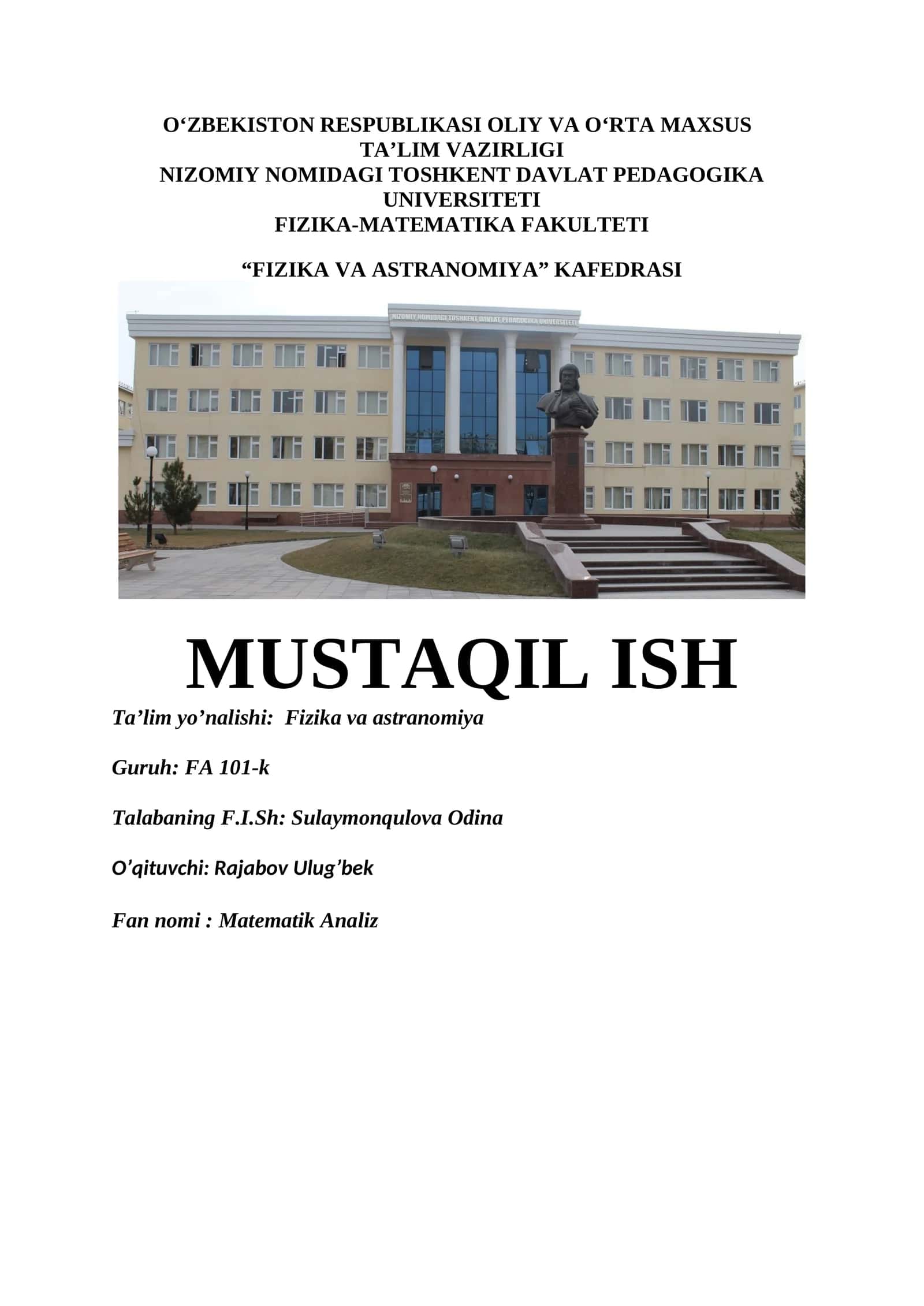 Matematik Analiz - Aniq integral mavjudligi 1