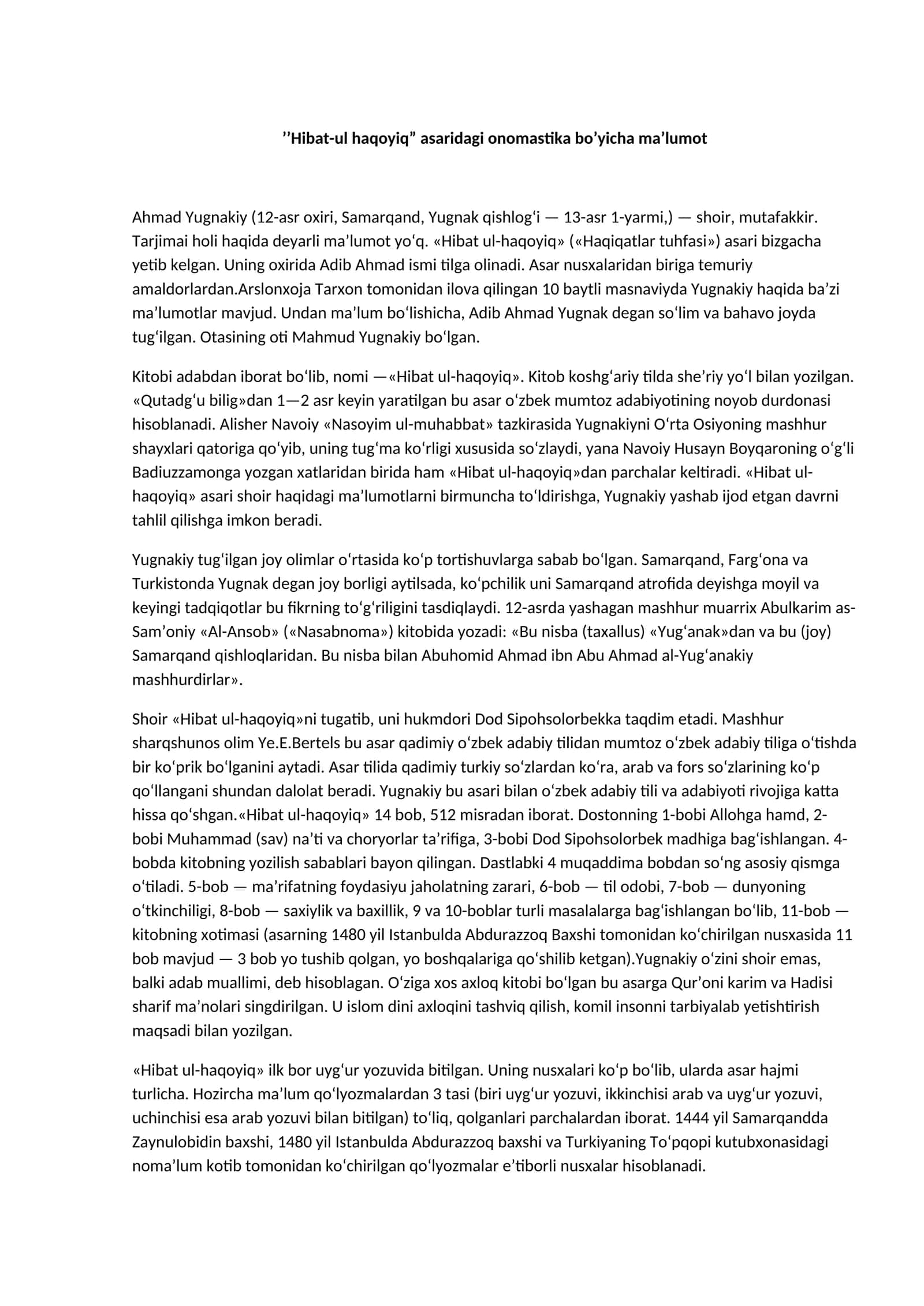 "Hibat-ul haqoyiq” asaridagi onomastika bo’yicha ma’lumot 1