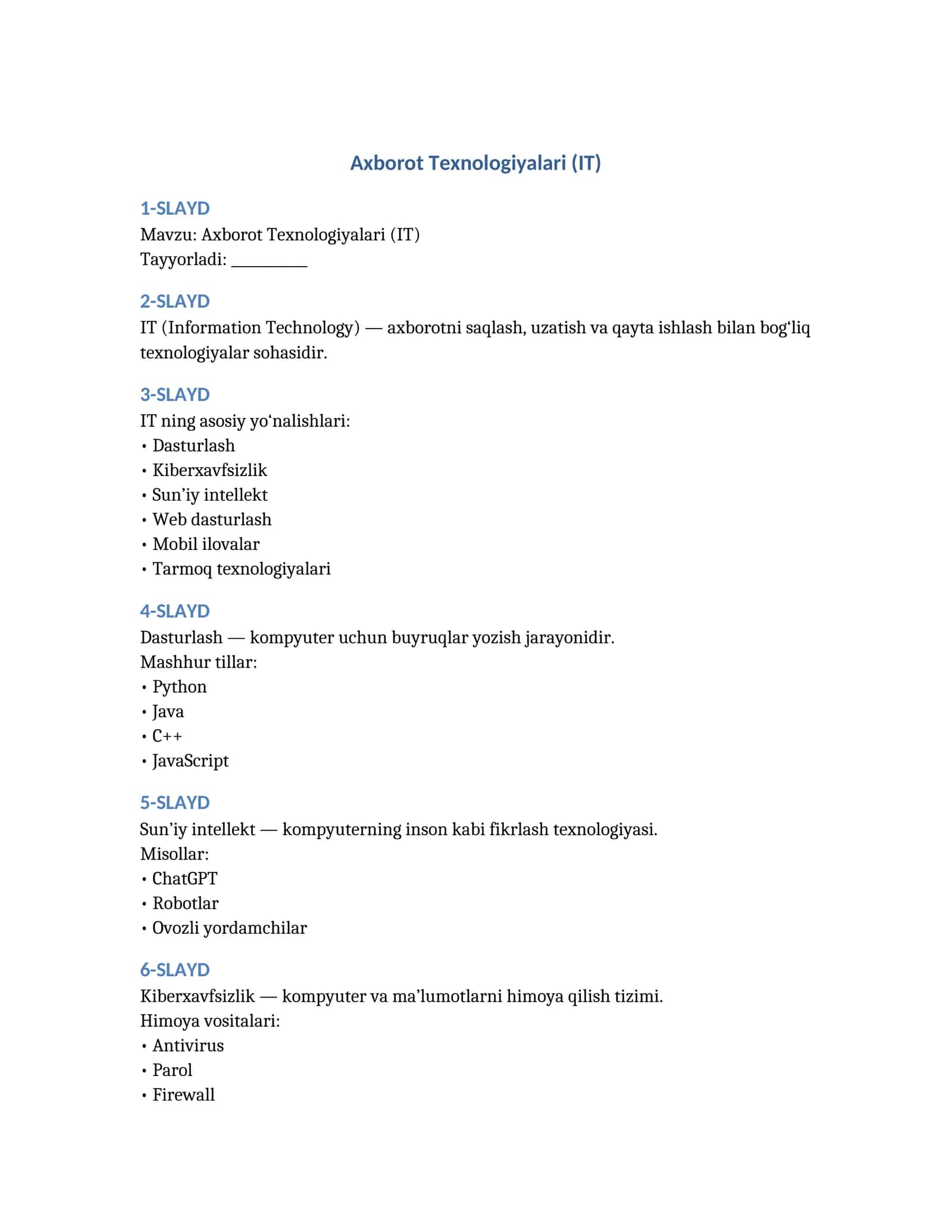 Axborot Texnologiyalari (IT) 1