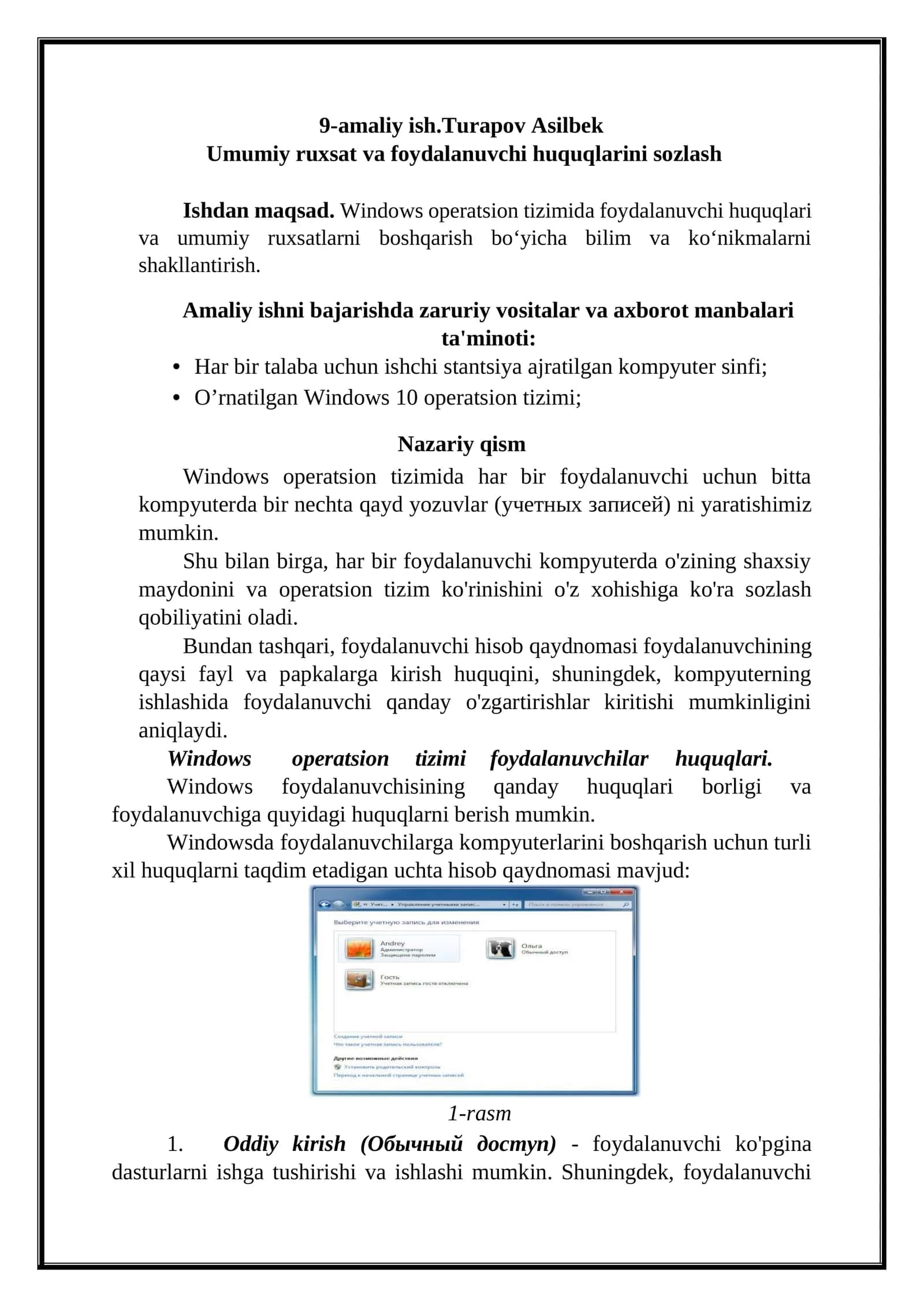 Umumiy ruxsat va foydalanuvchi huquqlarini sozlash 1