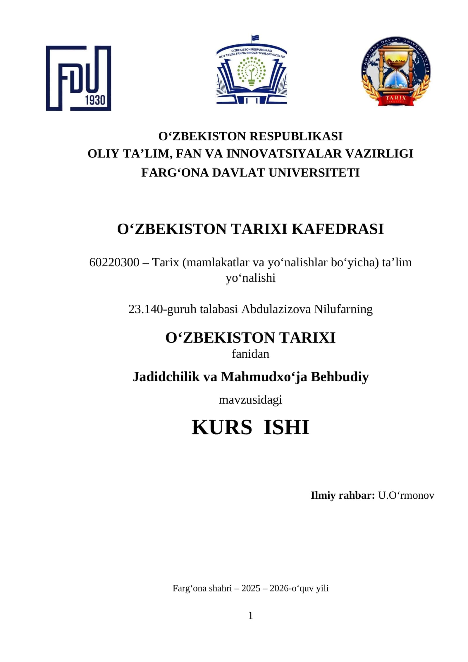Jadidchilik va Mahmudxo‘ja Behbudiy mavzusidagi KURS ISHI 1