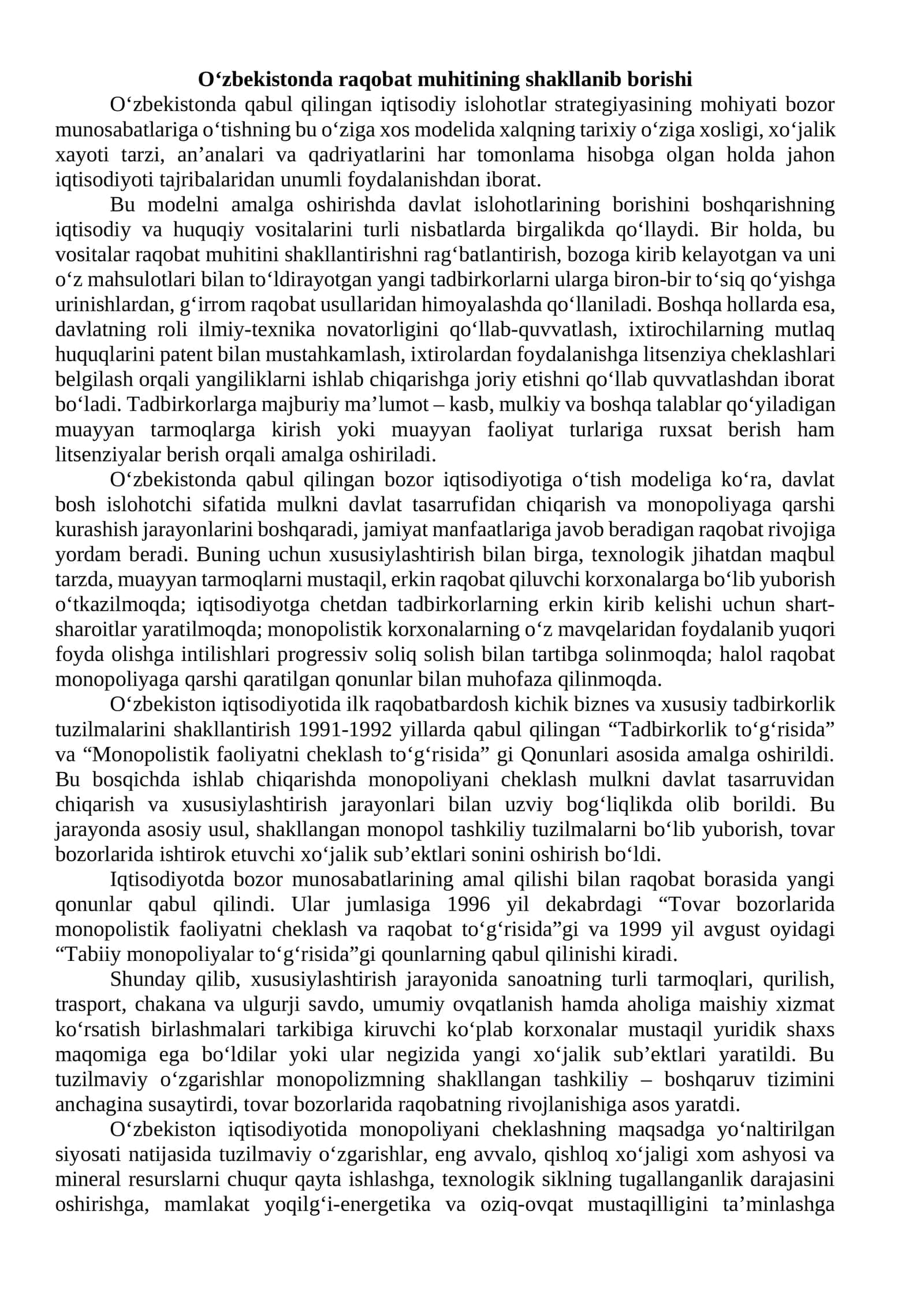 O‘zbekistonda raqobat muhitining shakllanib borishi 1