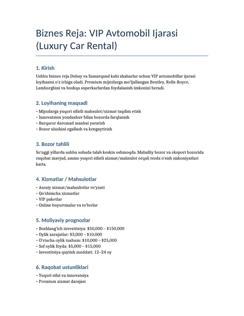 VIP Avtomobil Ijarasi (Luxury Car Rental) 1