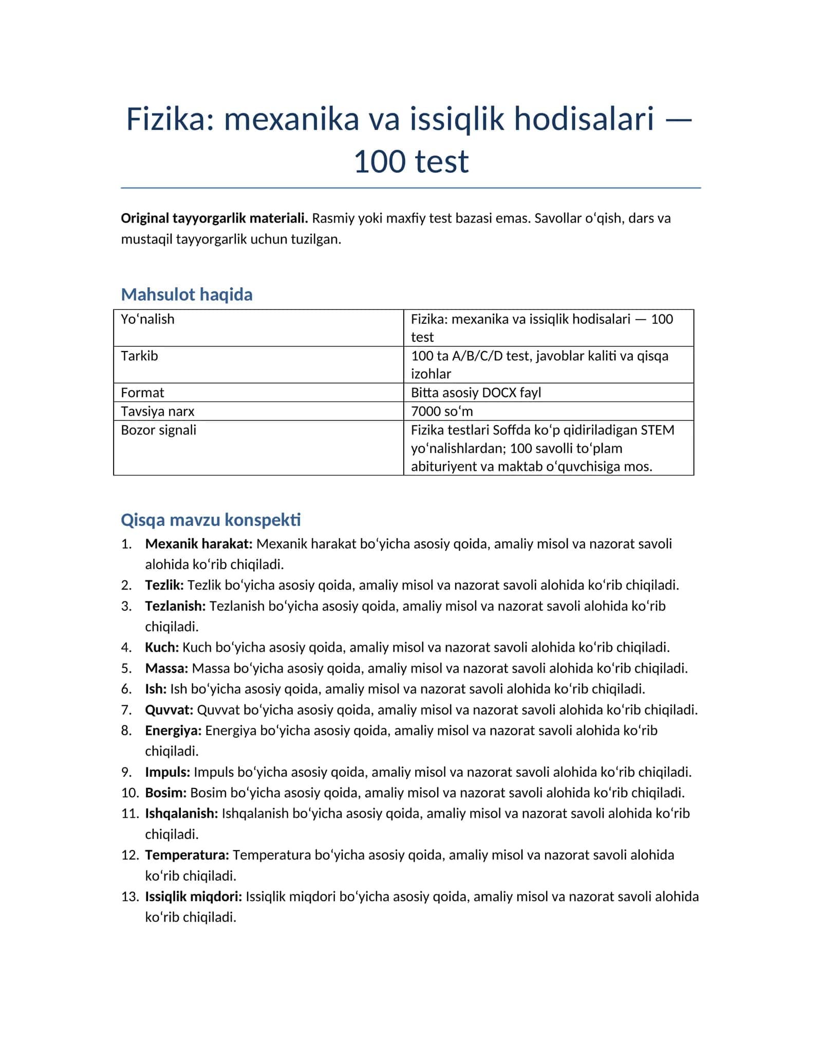 Fizika: mexanika va issiqlik hodisalari — 100 test 1