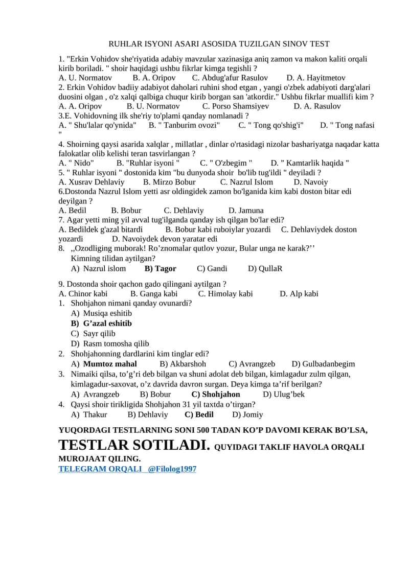 RUHLAR ISYONI ASARI ASOSIDA TUZILGAN SINOV TEST 1