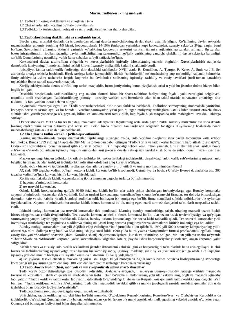 Tadbirkorlikning mohiyati 1