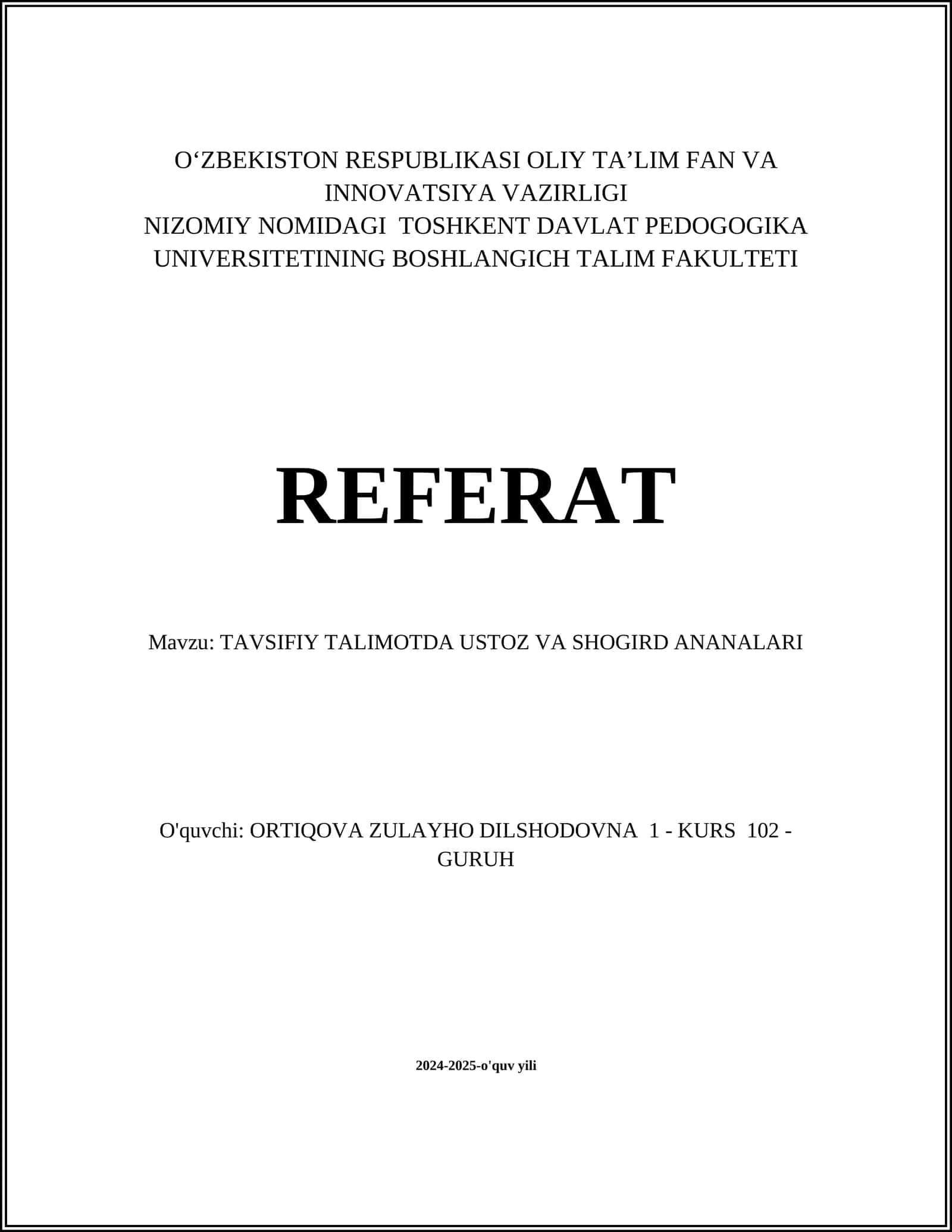 TAVSIFIY TALIMOTDA USTOZ VA SHOGIRD ANANALARI 1