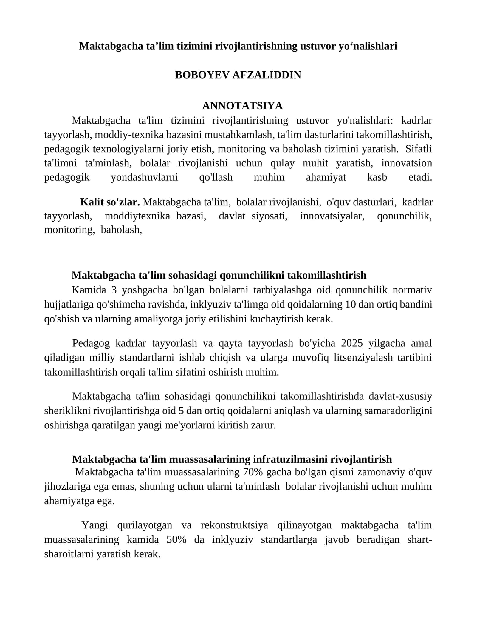 Maktabgacha taʼlim tizimini rivojlantirishning ustuvor yoʻnalishlari 1