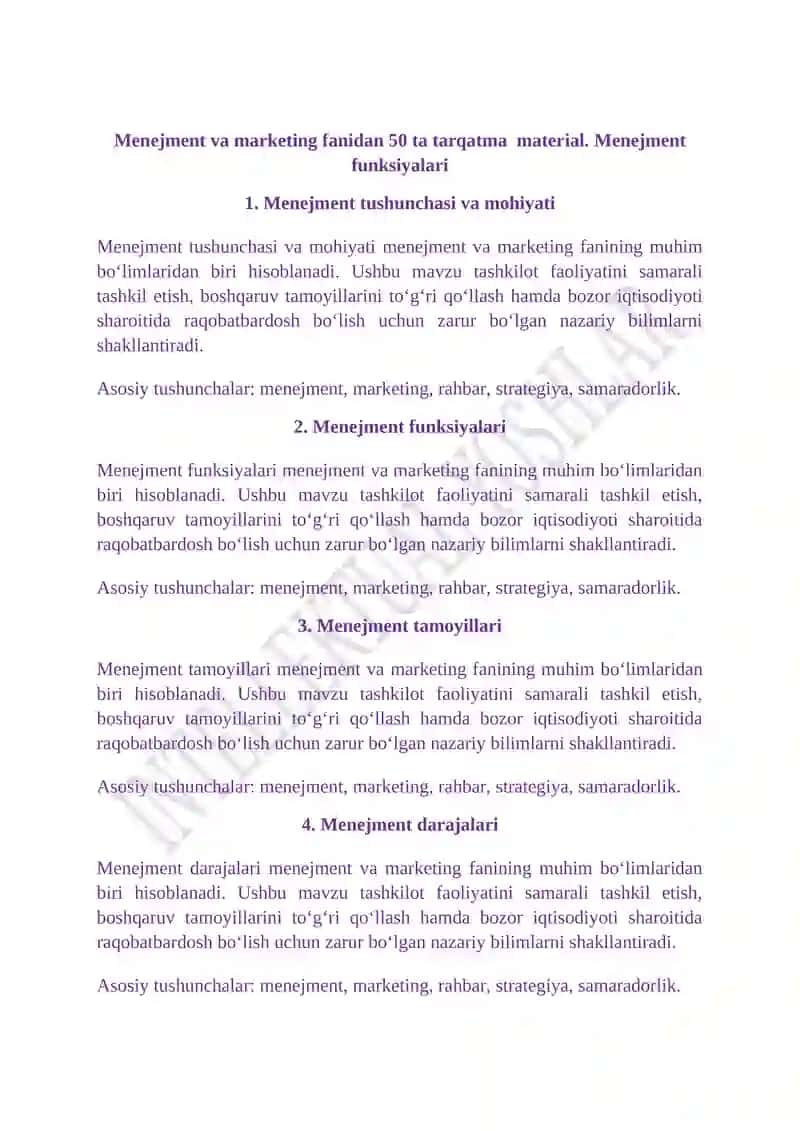 Menejment va marketing fanidan 50 ta tarqatma material. TALABALAR UCHUN