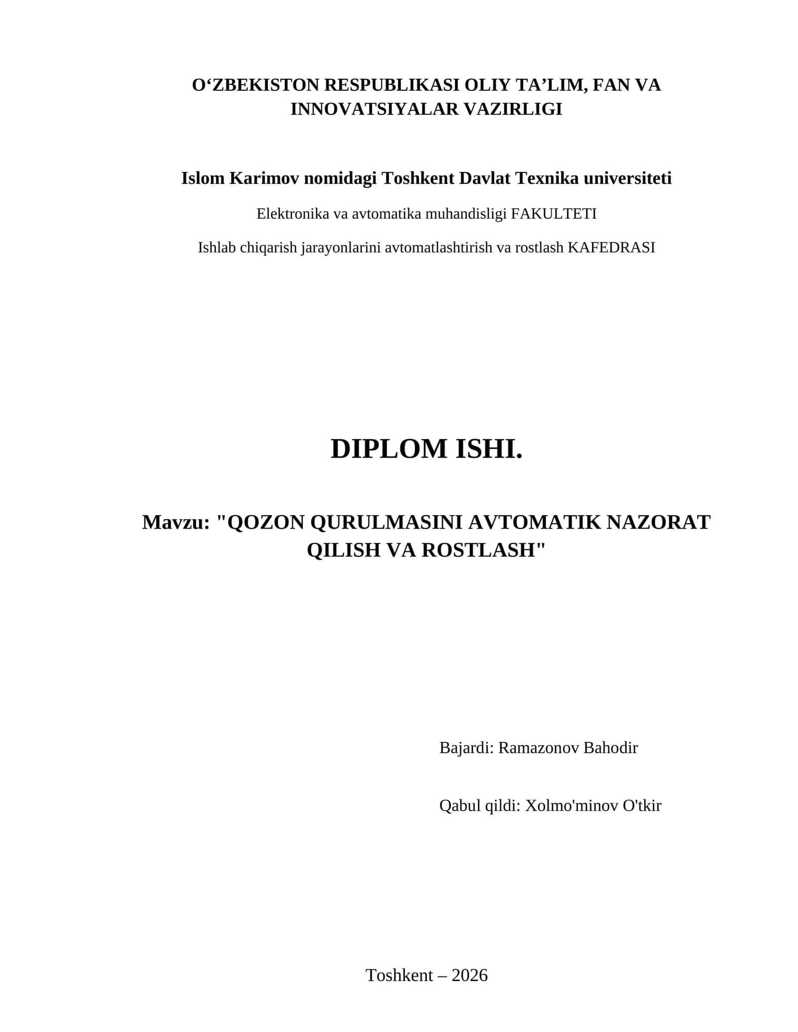 Qozon qurulmasini avtomatik nazorat qilish va rostlash 1