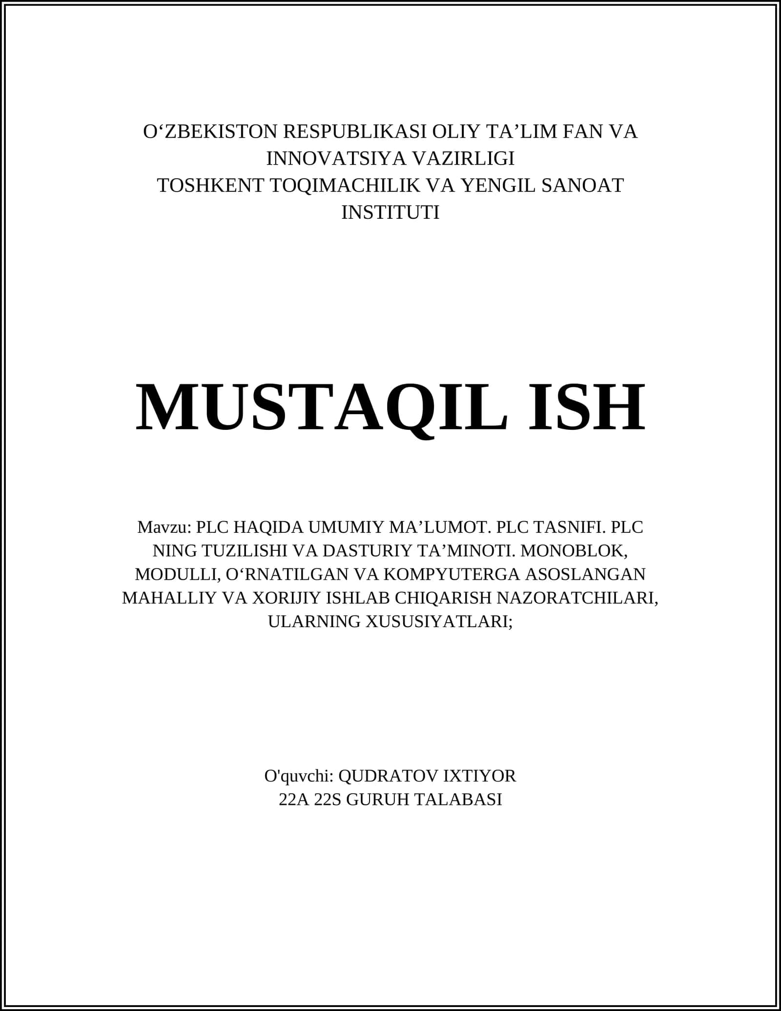 PLC HAQIDA UMUMIY MA’LUMOT 1