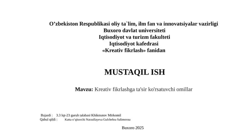 Kreativ fikrlash gata'sir ko'rsatuvchi o'millar 1