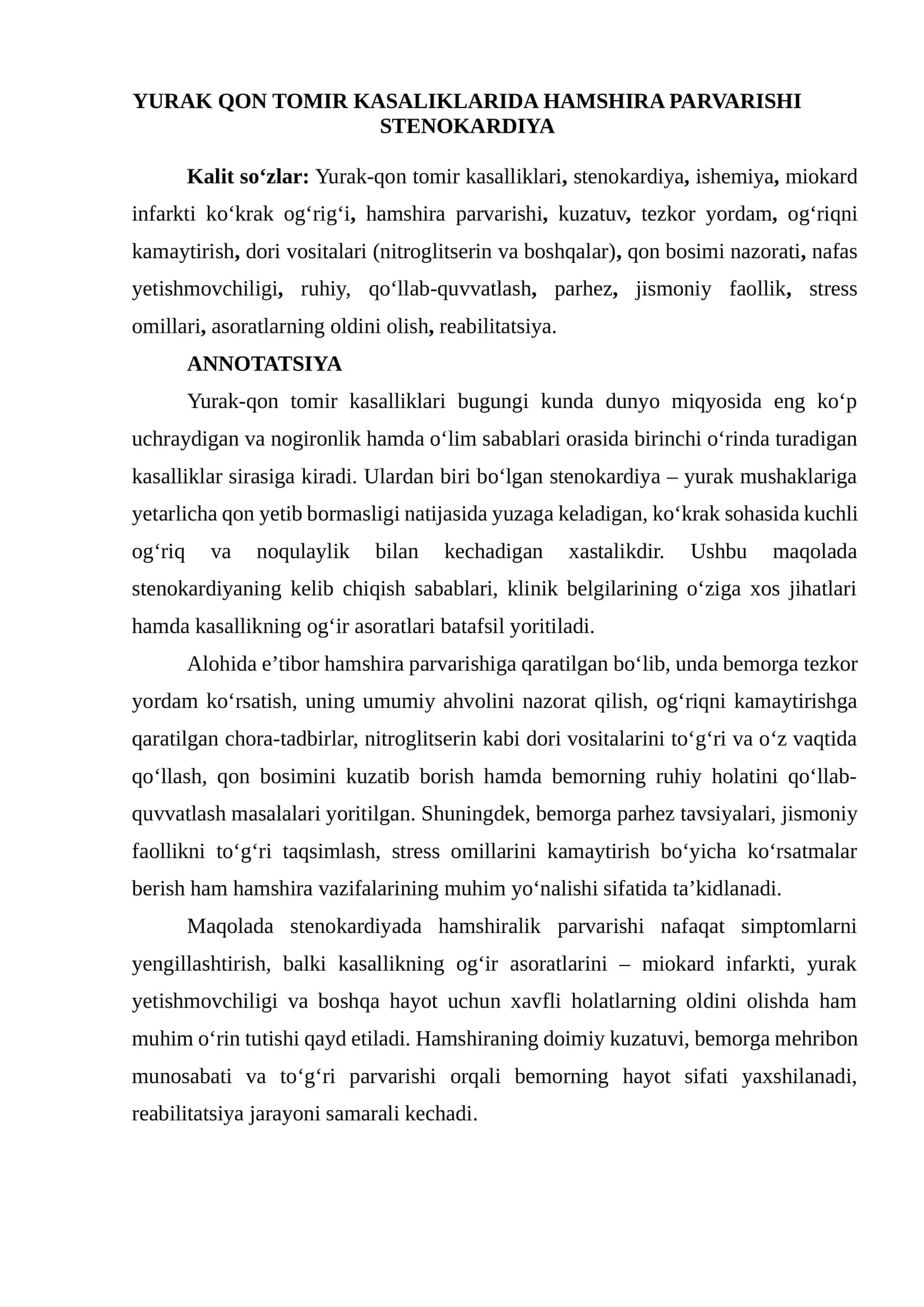 Yurak Qon Tomir Kasalliklari va Stenokardiya 1